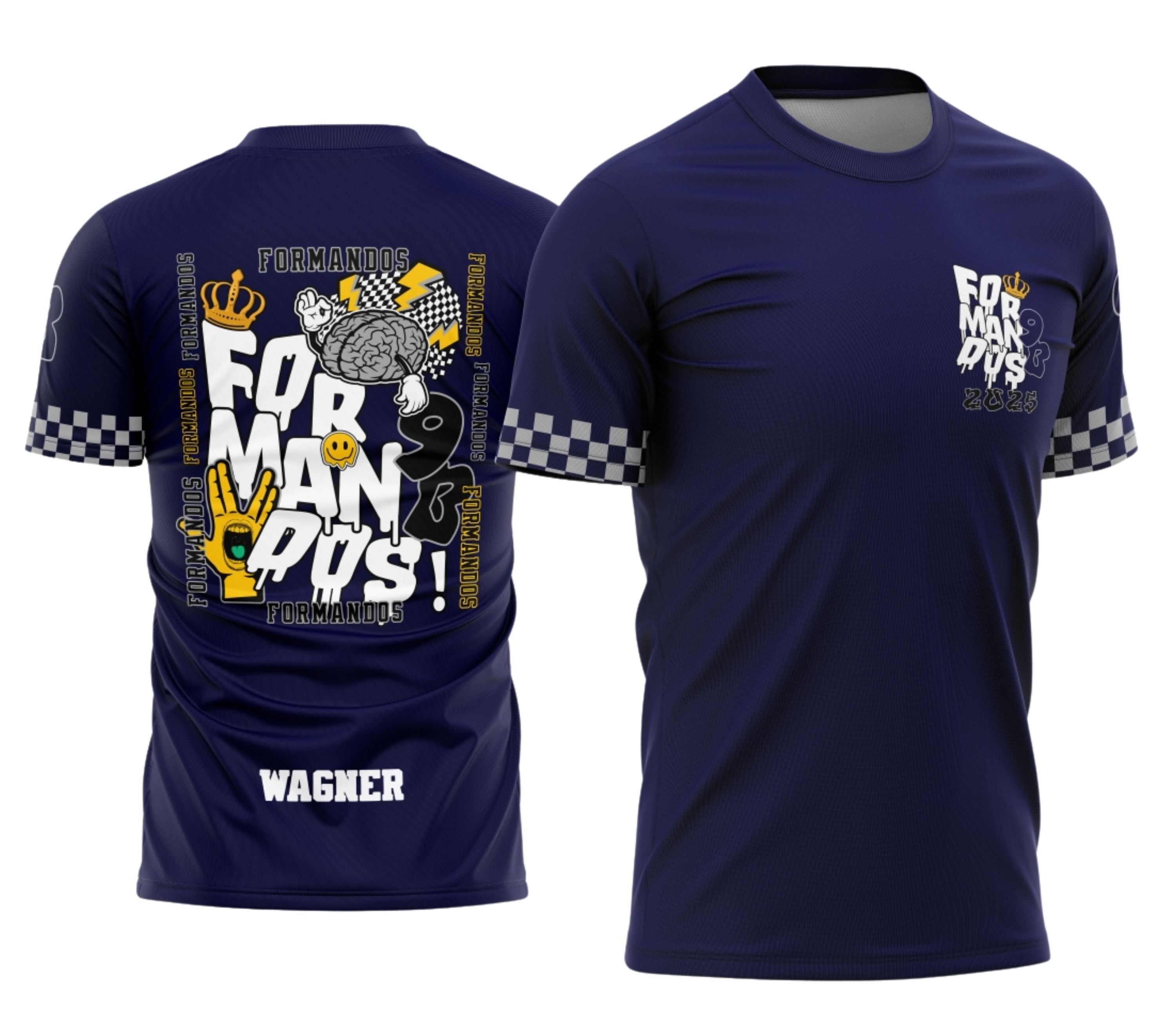 Camisa unissex branca com logo no peito e estampa grande nas costas mostrando Coroa e texto Formandos Nono Ano, design moderno e elegante, ideal para celebração escolar.