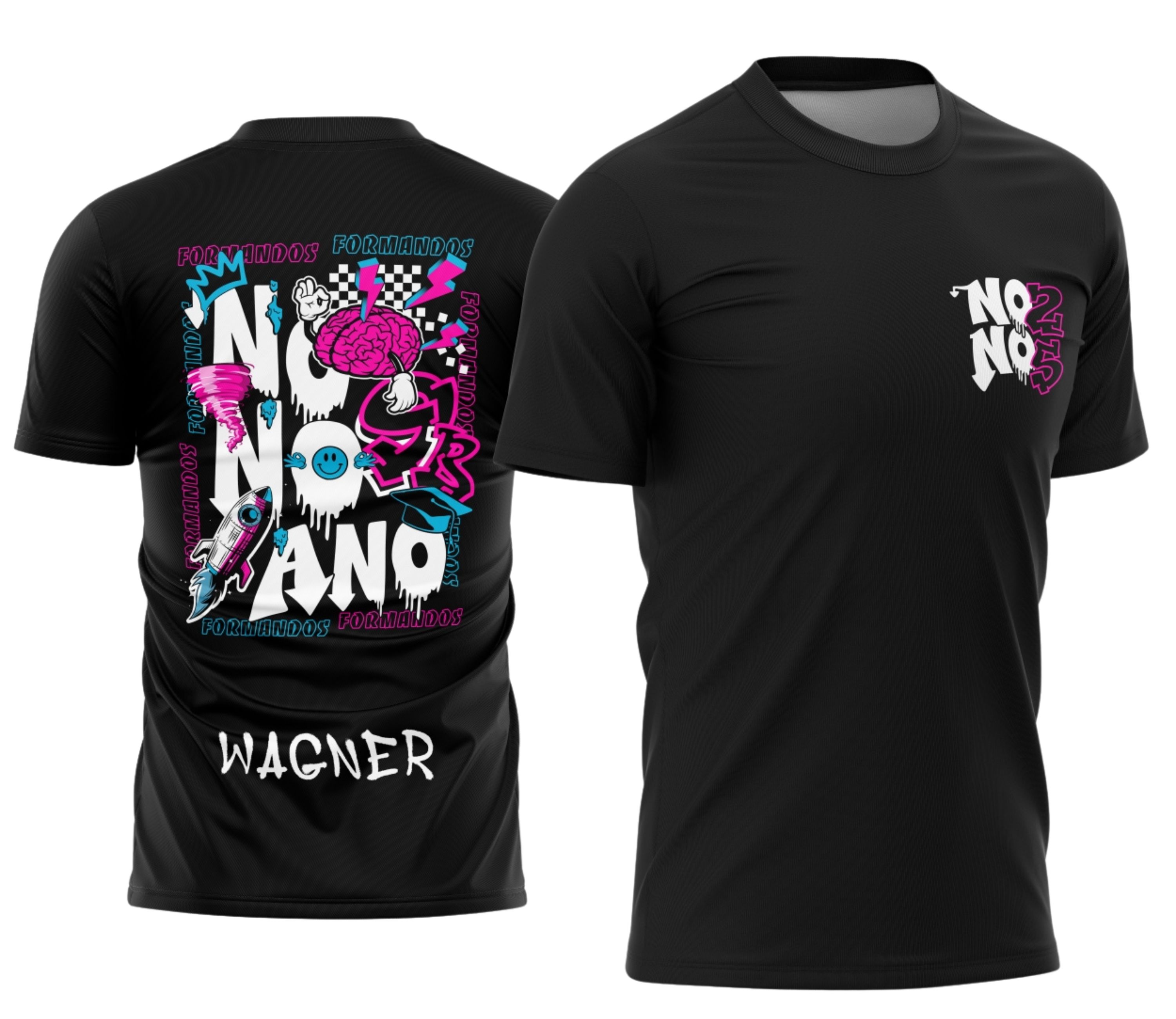 Camiseta unissex branca com logo no peito e estampa grande nas costas de foguete colorido, tema formandos do nono ano