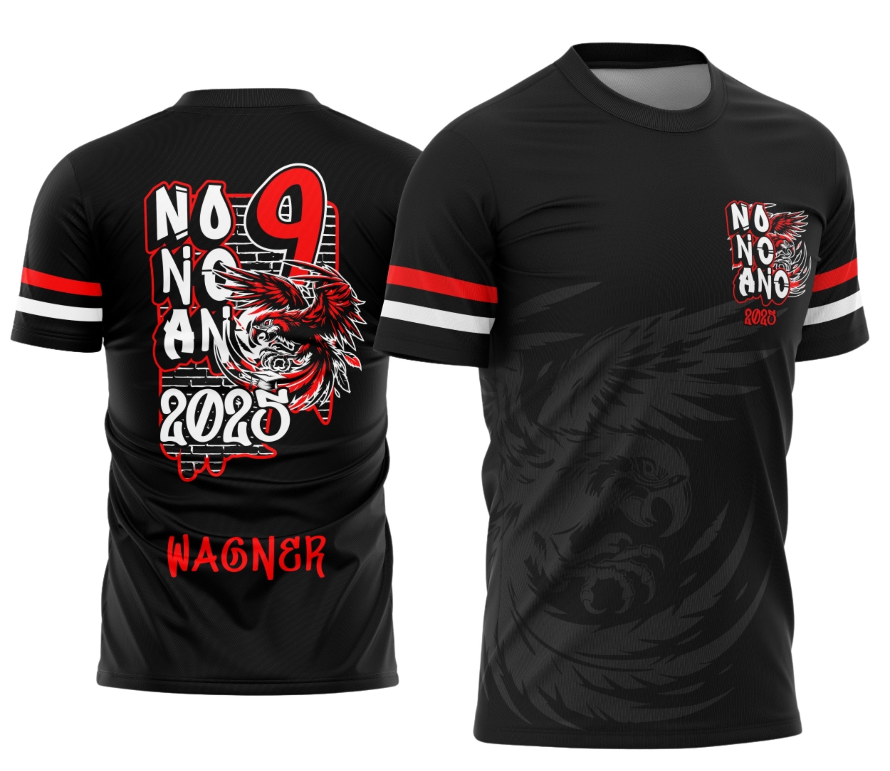 Camiseta unissex preta com logo no peito e estampa grande nas costas mostrando grafite e arara vermelha, perfeita para formandos do nono ano.