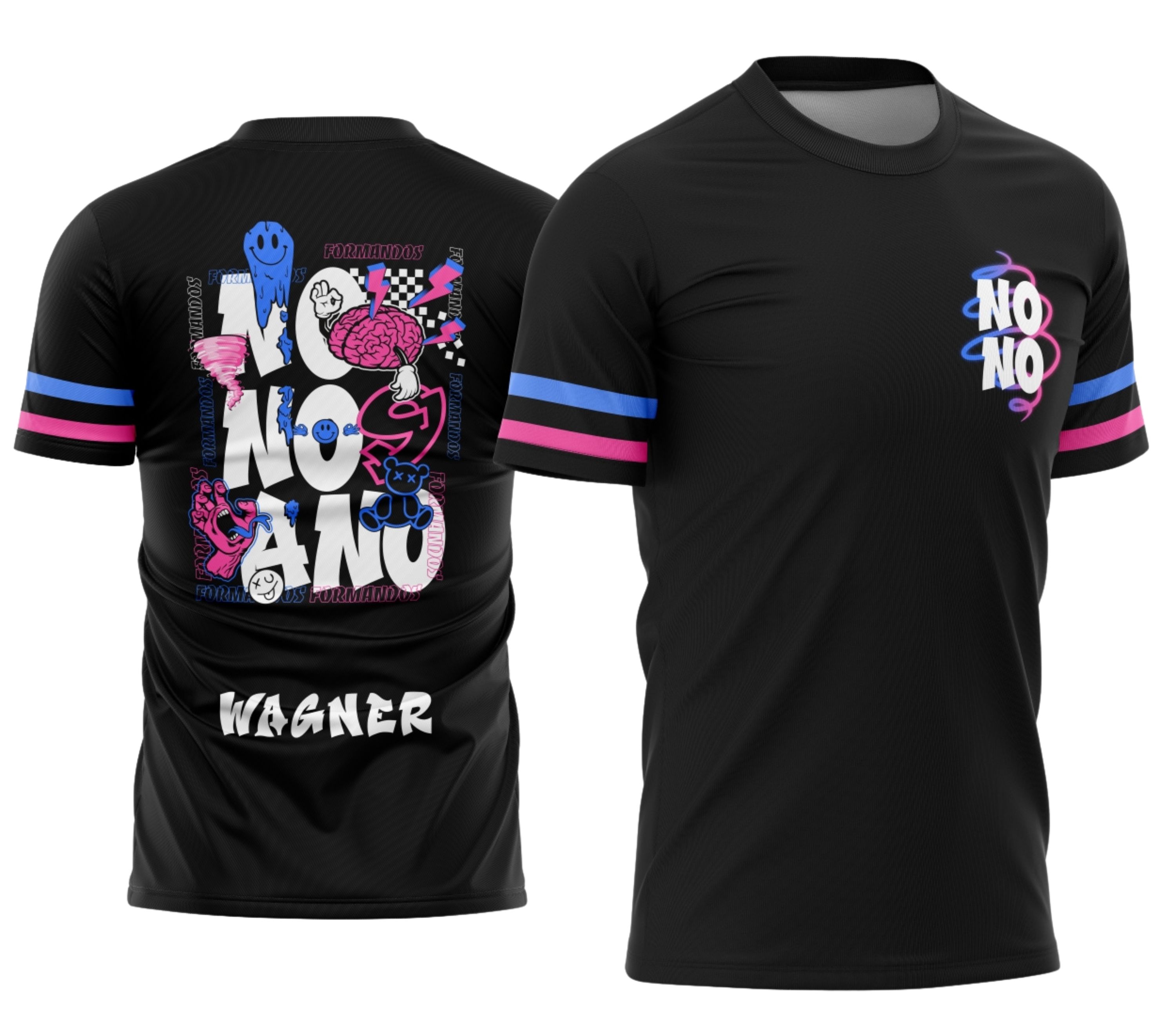 Camiseta unissex preta com logo no peito e estampa grande nas costas, inspirada em formandos do nono ano com tema graffite mão.