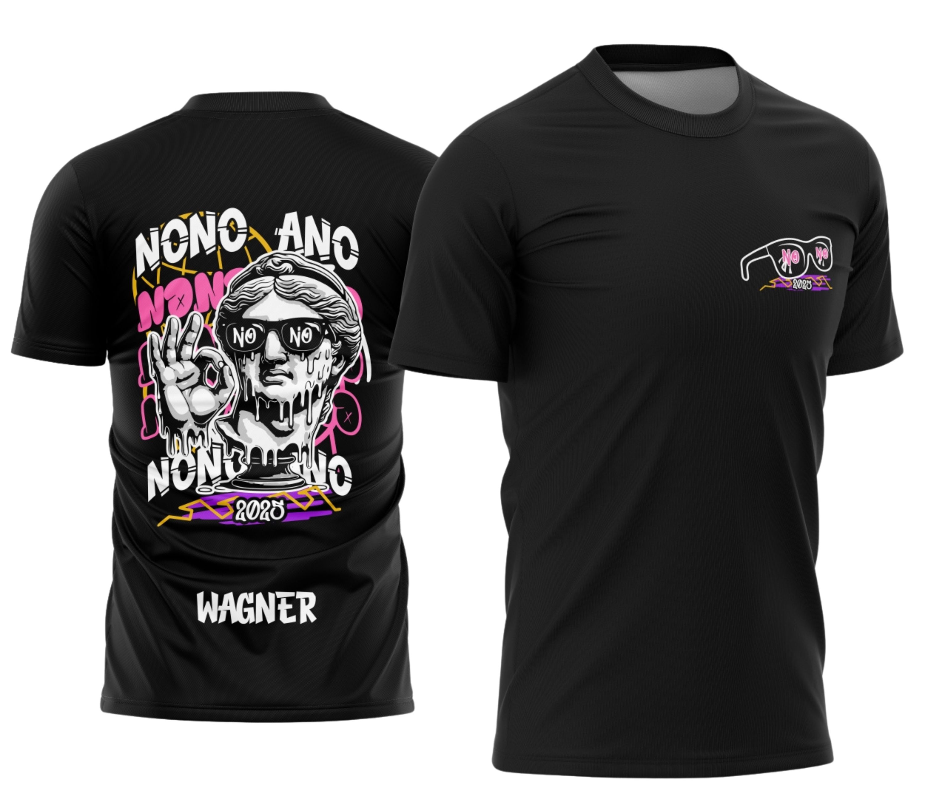 Camiseta unissex preta com logo no peito e estampa grande nas costas com o tema Formandos Nono Ano Graffiti Estátua, ideal para celebração escolar e estilo urbano.
