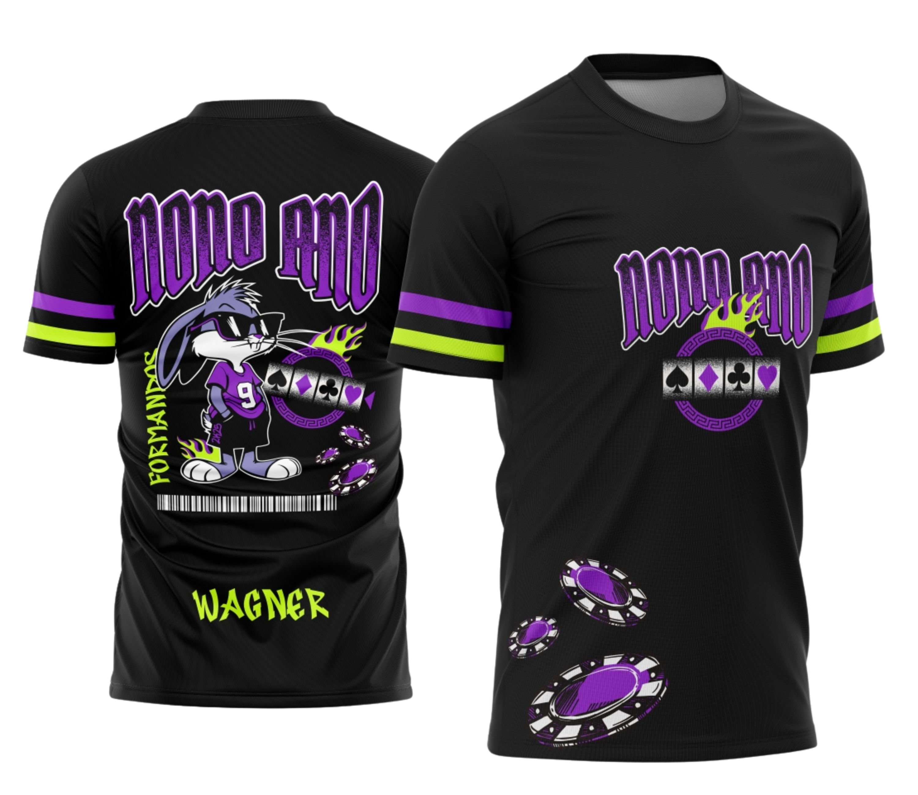 Camiseta unissex preta com logo no peito e estampa grande nas costas tema Formandos Nono Ano Pernalonga Cassino, ideal para celebrar conquistas escolares com estilo e atitude.