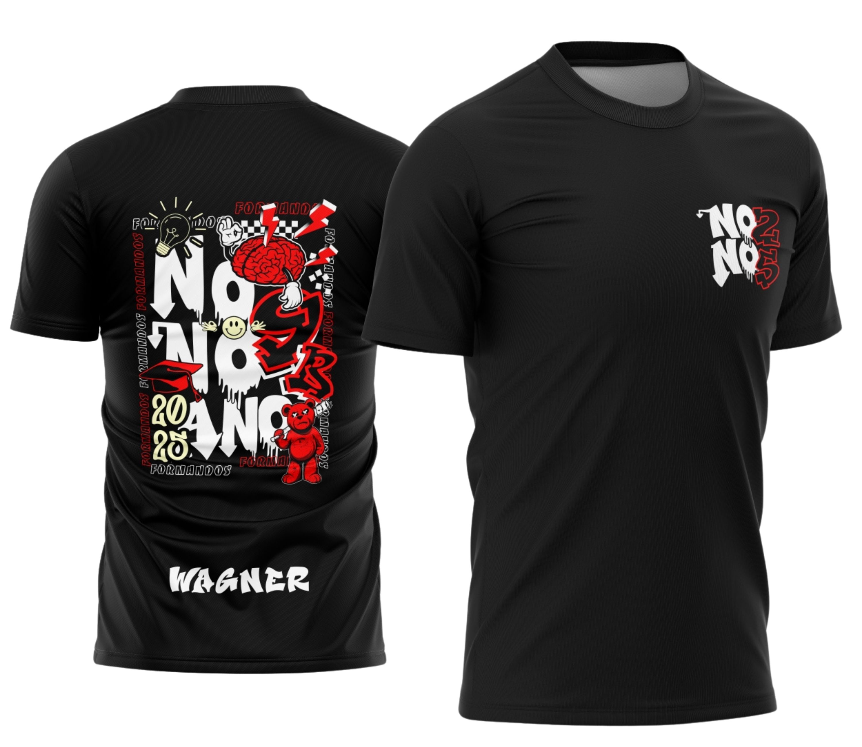 Camiseta unissex preta com logo no peito e estampa grande nas costas com tema de formandos do nono ano e urso, ideal para turmas comemorativas e eventos escolares.