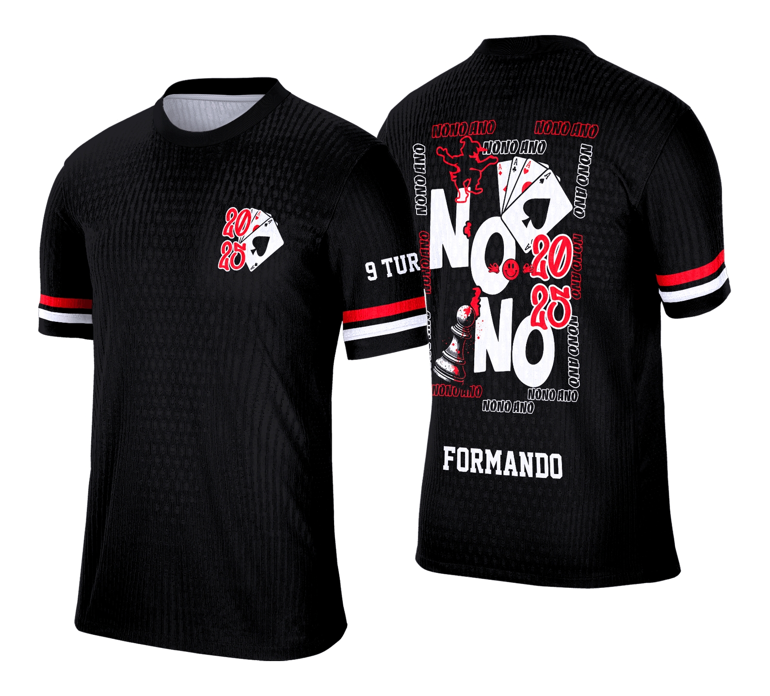 Camiseta unissex preta com logo no peito e estampa grande nas costas temática de camisa formandos nono ano xadrez, ideal para celebrar a conquista escolar.
