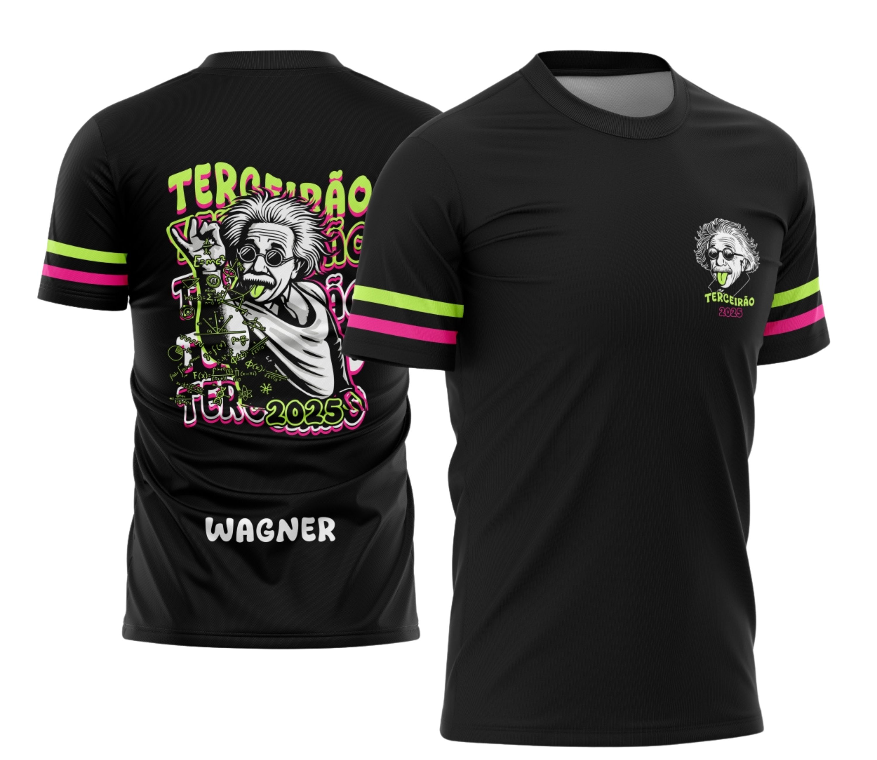 Camisa com logo no peito em destaque e estampa grande nas costas celebrando o Terceirão Albert Einstein, design elegante e moderno com cores vibrantes, perfeita para marcar momentos especiais da turma.