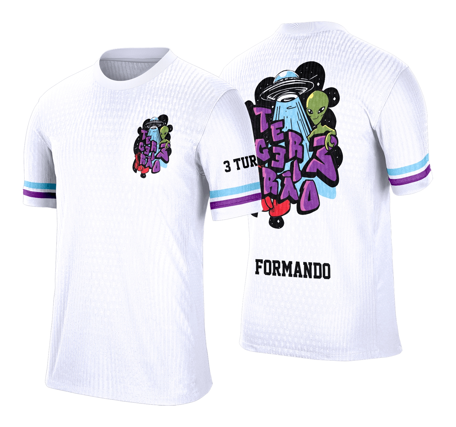 Foto da camisa final com logo no peito e estampa grande nas costas apresentando design alienígena, ideal para formandos do terceiro ano que buscam estilo e exclusividade