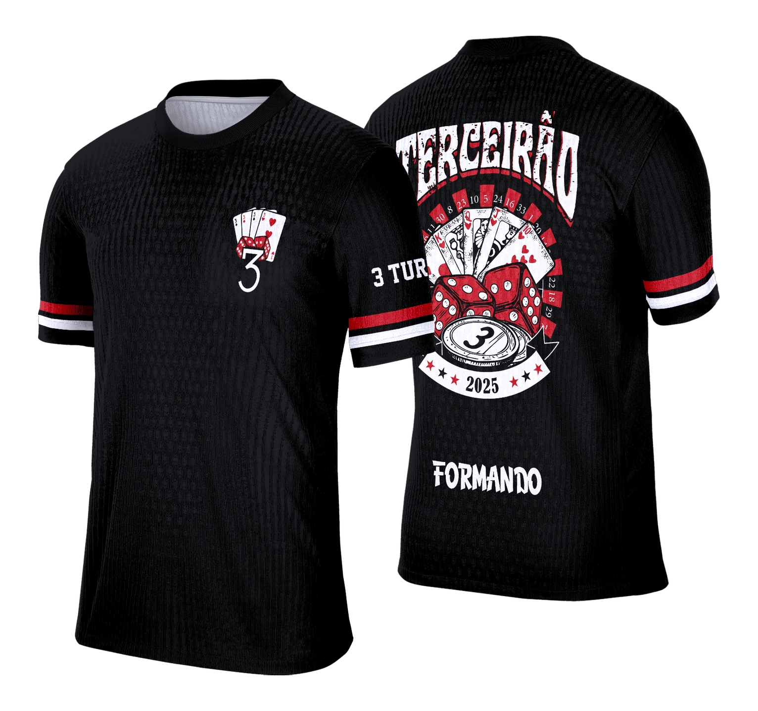 Camisa branca com logo no peito discreto e estampa grande nas costas destacando o tema 'Terceirão Cassino' em design moderno e vibrante, ideal para celebrar a união da turma de formandos.