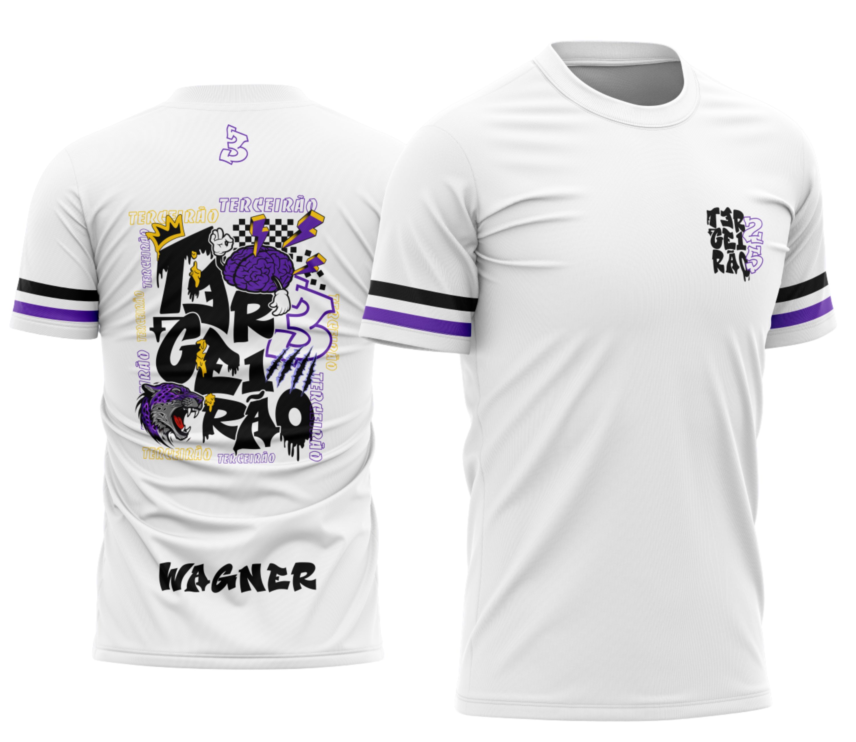 Camisa vareta com logo no peito e estampa grande nas costas, estilo grafite com tema de pantera, cores escuras e design marcante ideal para formandos do terceirão.