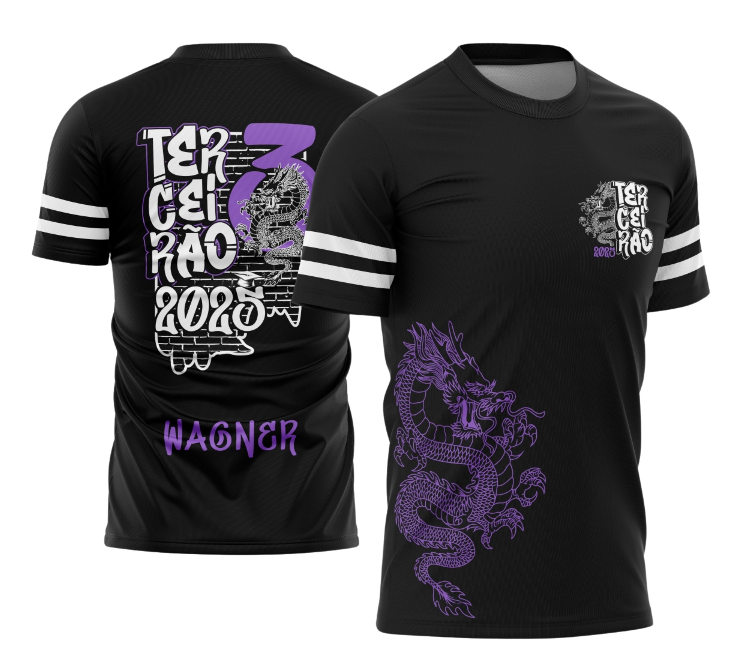 Camisa com logo no peito e estampa grande nas costas em estilo grafite urbano com dragão vibrante, trazendo personalidade e atitude para o Terceirão com design moderno e cheio de estilo.