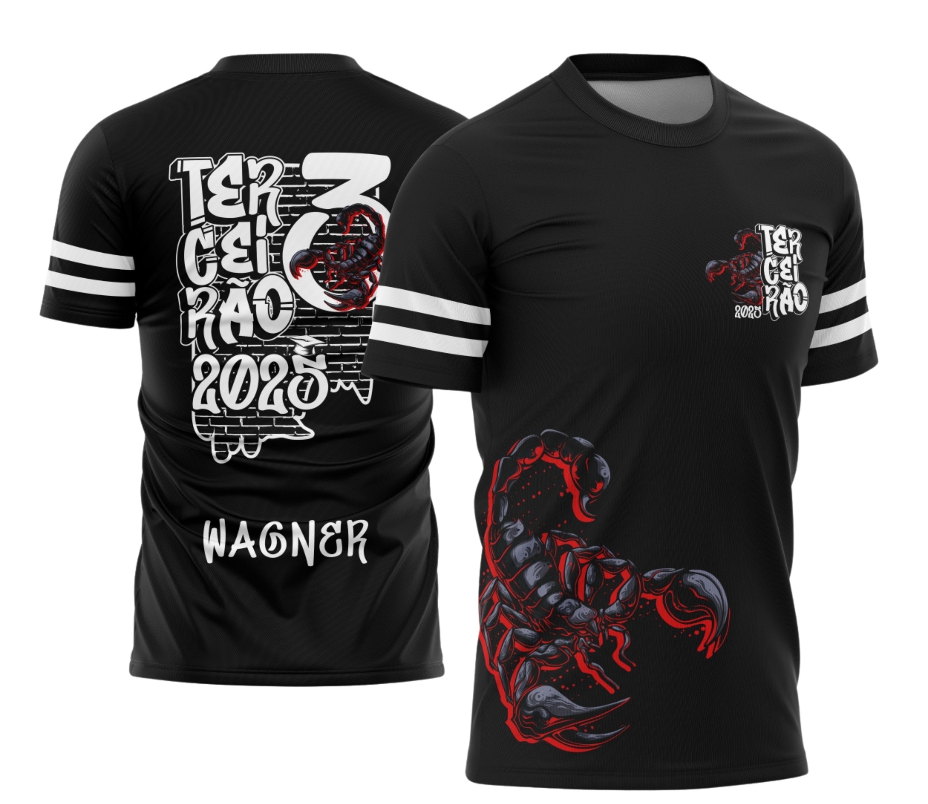 Camisa estilizada com logo no peito e estampa grande nas costas exibindo arte urbana com tema de escorpião, ideal para formandos do terceirão com estilo graffite de rua moderno e vibrante.