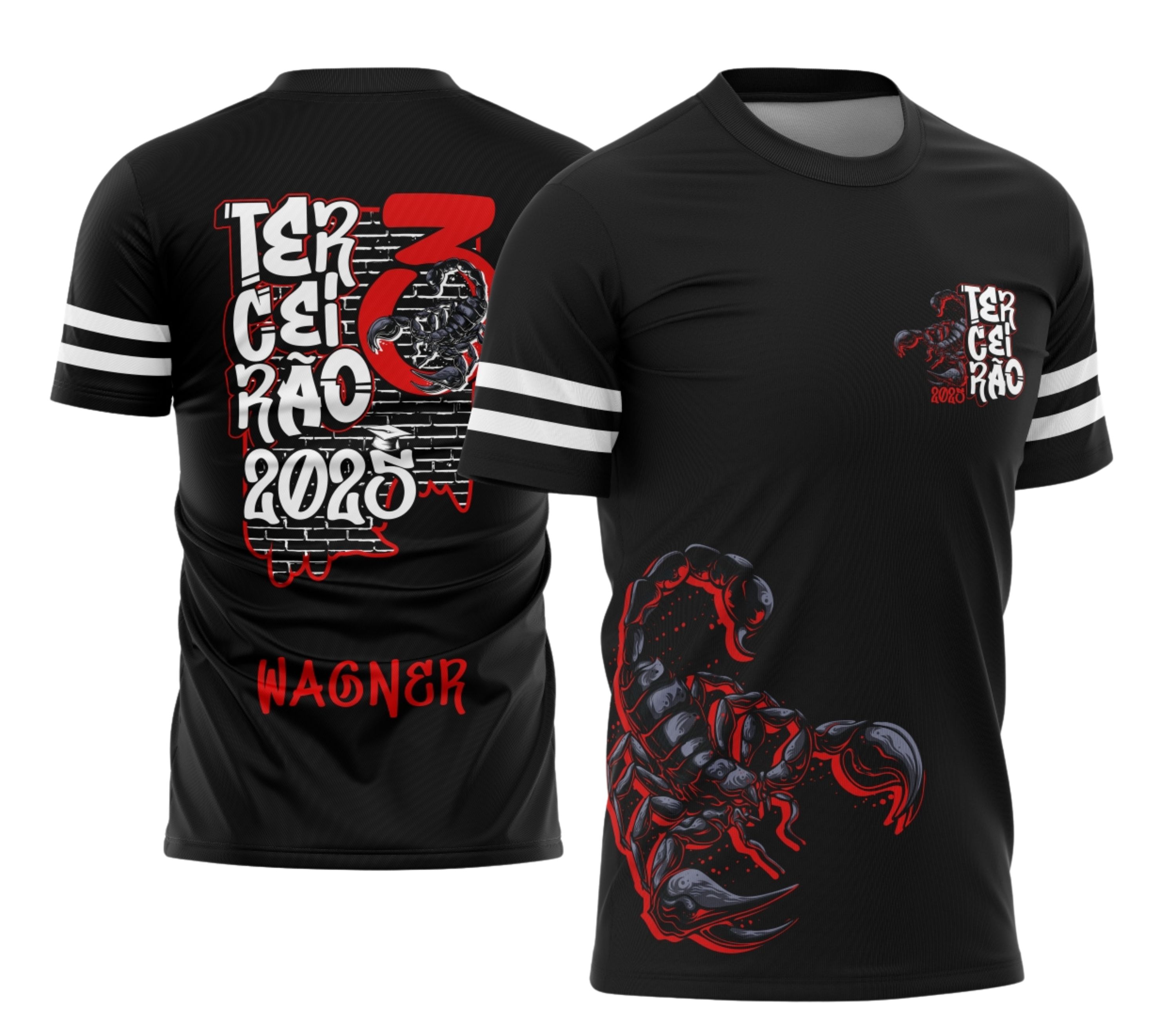 Imagem da camisa com logo no peito e estampa grande nas costas mostrando um grafite estilizado de escorpião em cores vibrantes, com um design urbano moderno, perfeita para formandos do Terceirão.