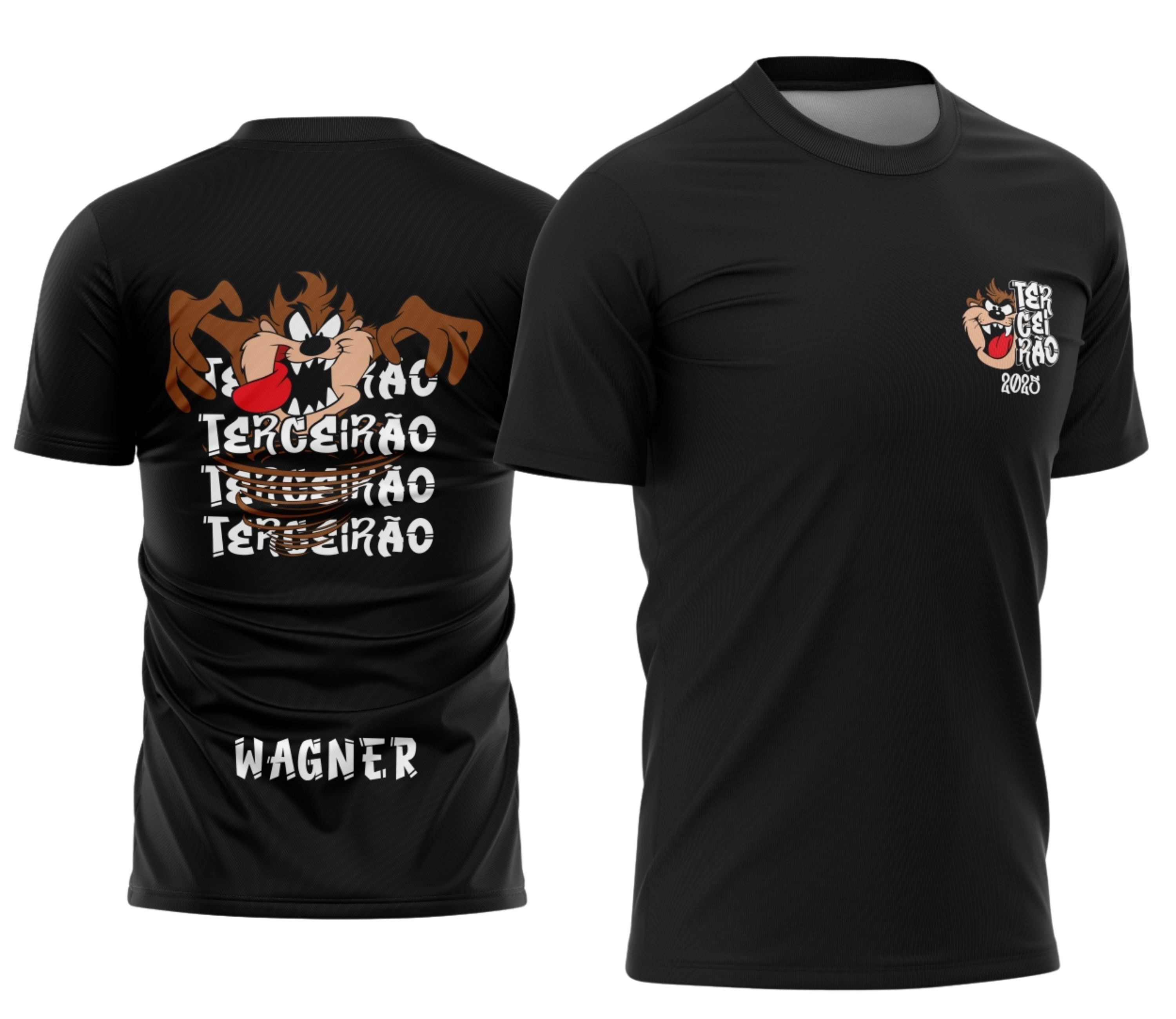 Foto da camisa Terceirão com logo no peito e estampa grande nas costas em estilo grafite urbano com personagem Taz Mania em destaque, estampas vibrantes e modernas que capturam a essência de rua e juventude.