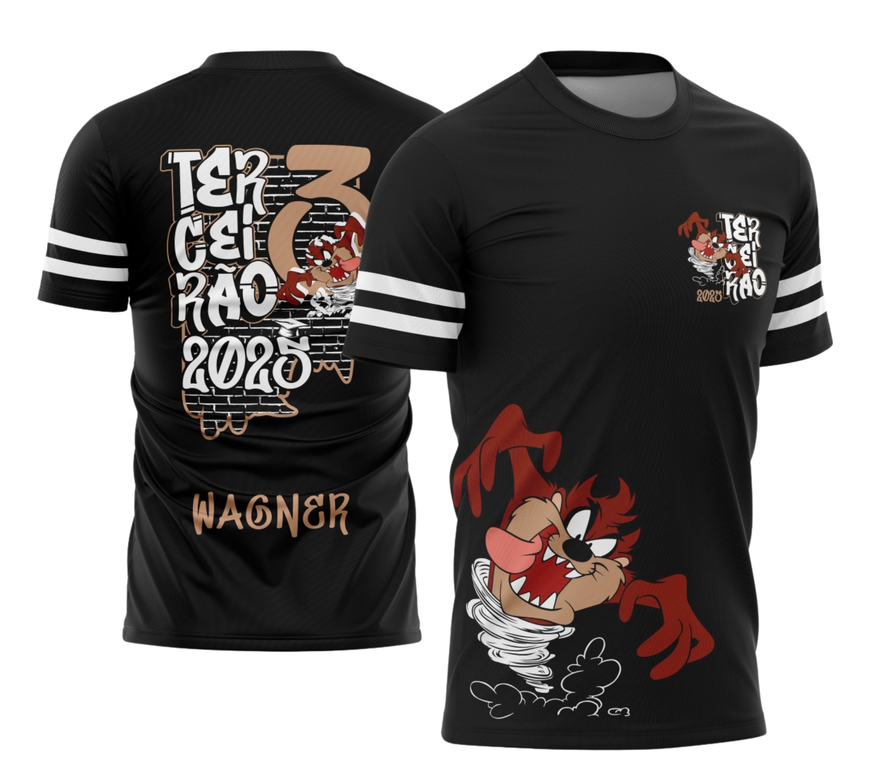 Camisa estilo grafite urbano com logo no peito e estampa grande nas costas apresentando o personagem Taz Mania em design de rua cheio de atitude e cores vibrantes.