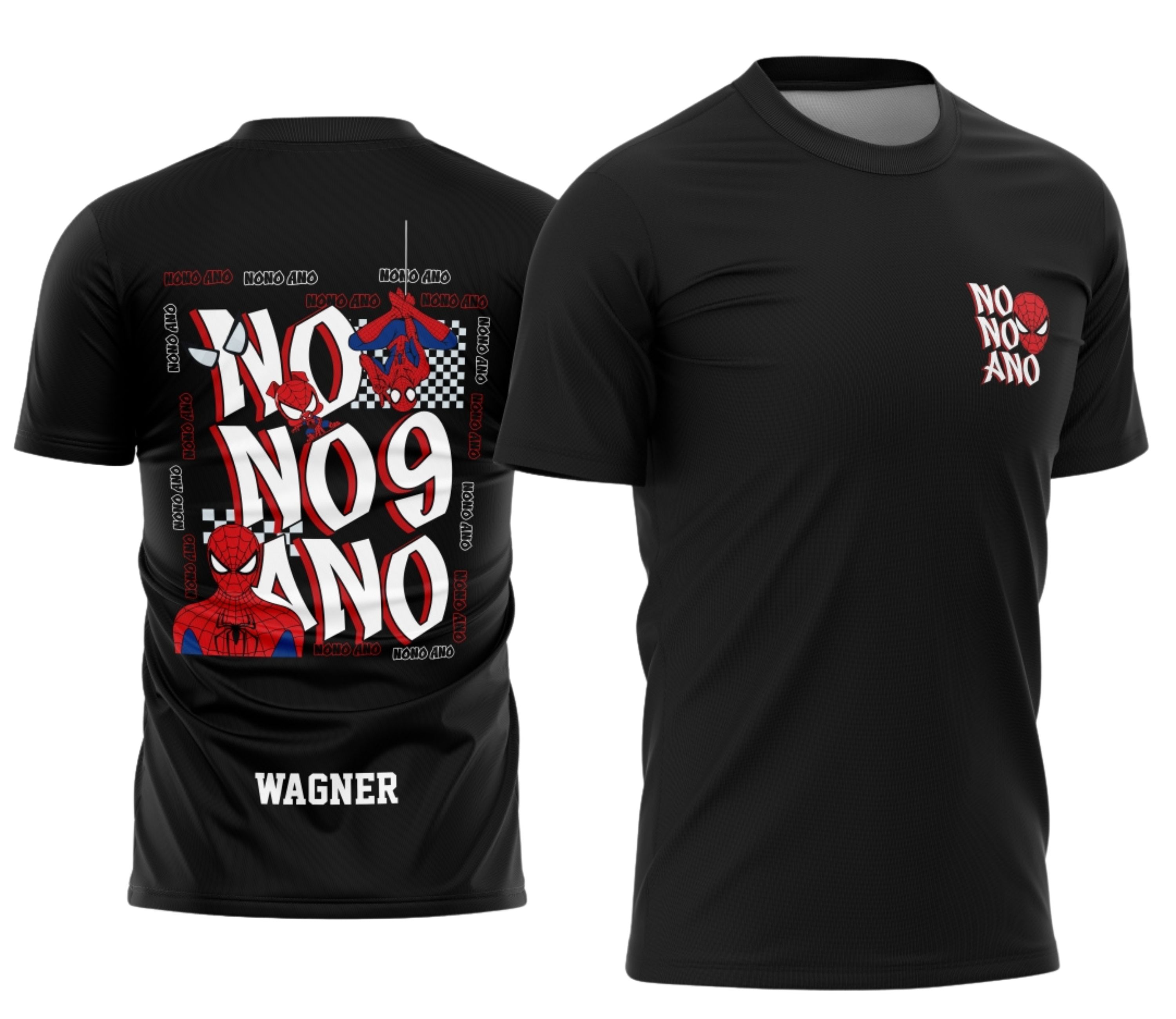 Camiseta unissex preta com logo no peito e estampa grande nas costas do Homem Aranha, tema Formandos do Nono Ano, ideal para fãs e celebração escolar.