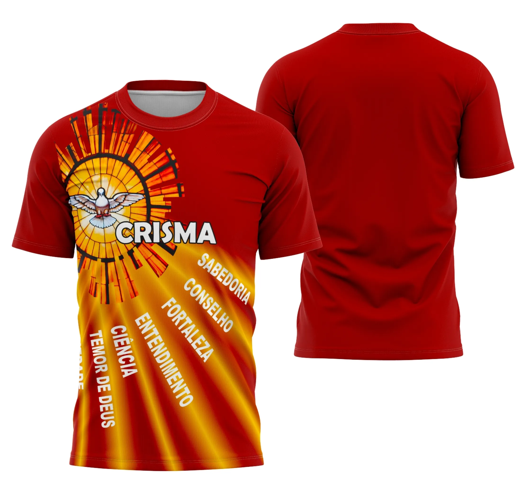 Camiseta unissex branca com logo no peito e estampa grande nas costas mostrando tema Igreja Católica Crisma 2026, design moderno e simbólico para celebração religiosa.