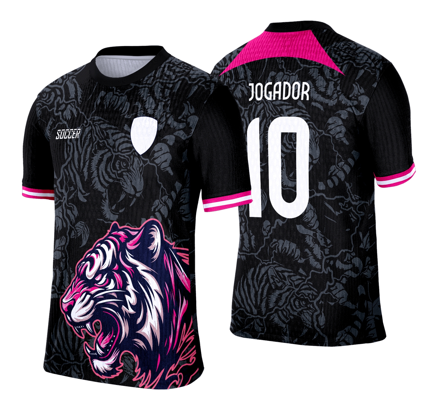 Camiseta unissex preta com logo no peito e estampa grande nas costas do Tigre Preto com Rosa da Interclasse 2025, estilo forte e moderno para fãs do tema.