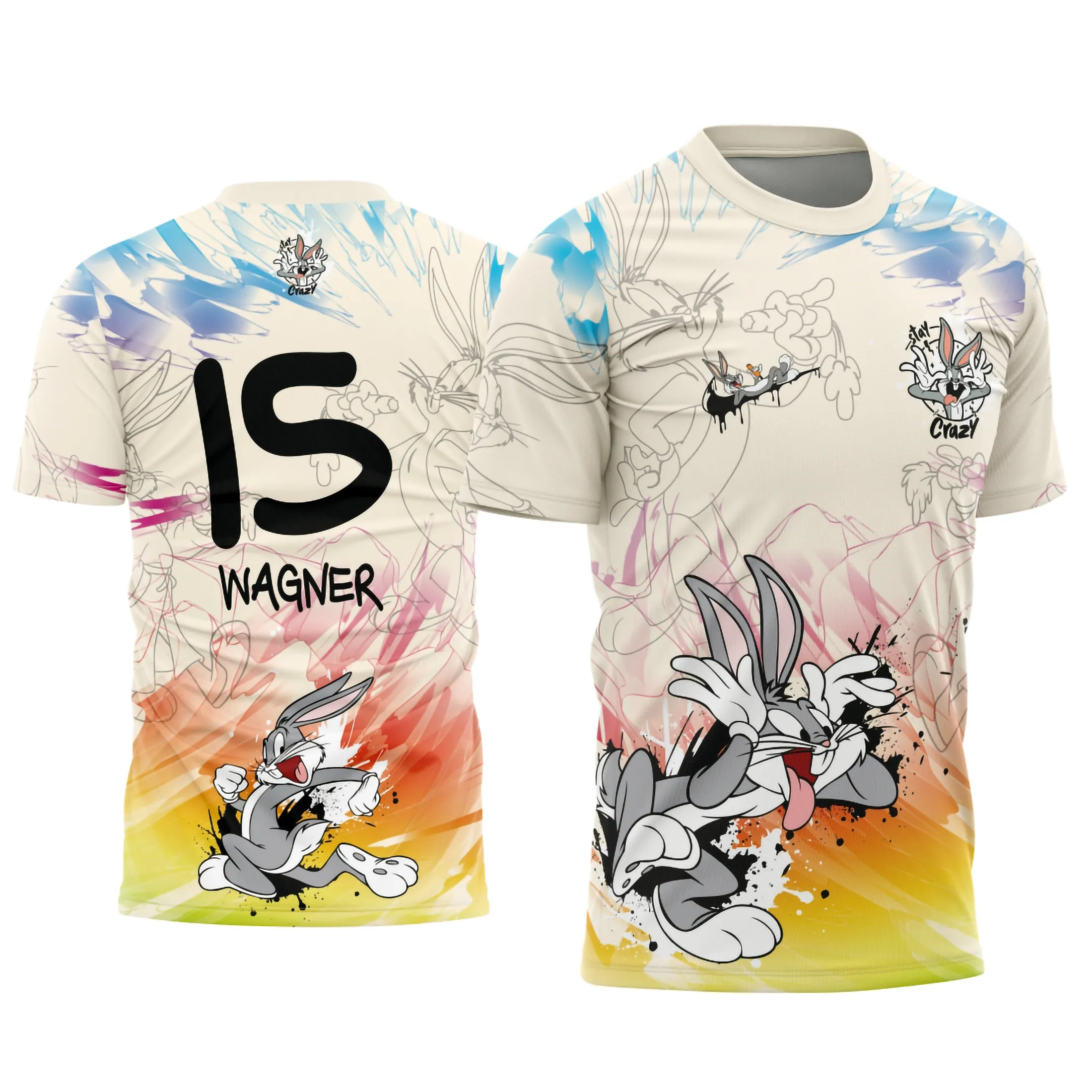 Camiseta unissex preta com logo no peito e estampa grande nas costas do Coelho Pernalonga na edição Interclasse 2025 em cores vibrantes.