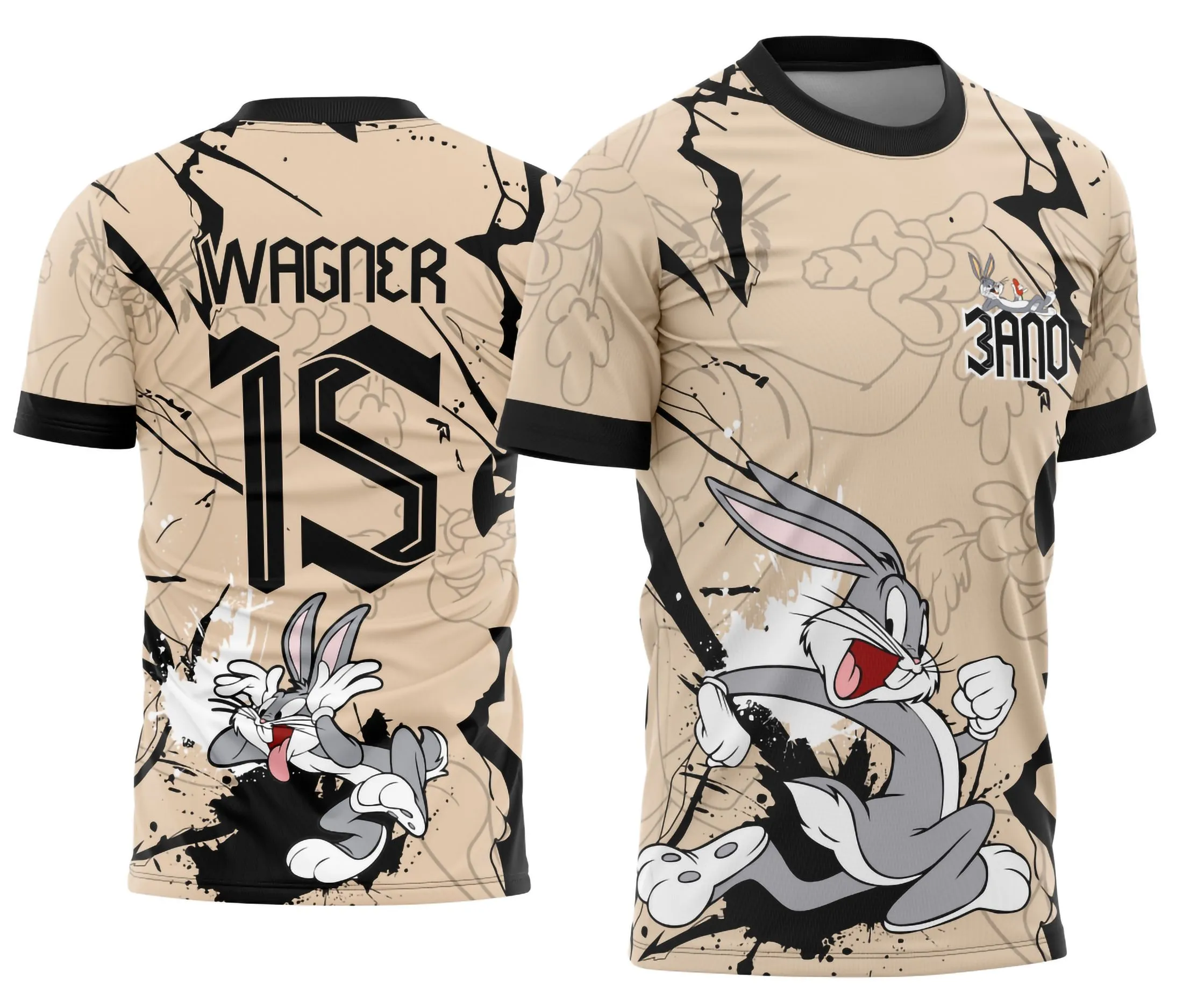 Camiseta unissex preta com logo no peito e estampa grande nas costas do Coelho Pernalonga correndo, design divertido para evento interclasse.