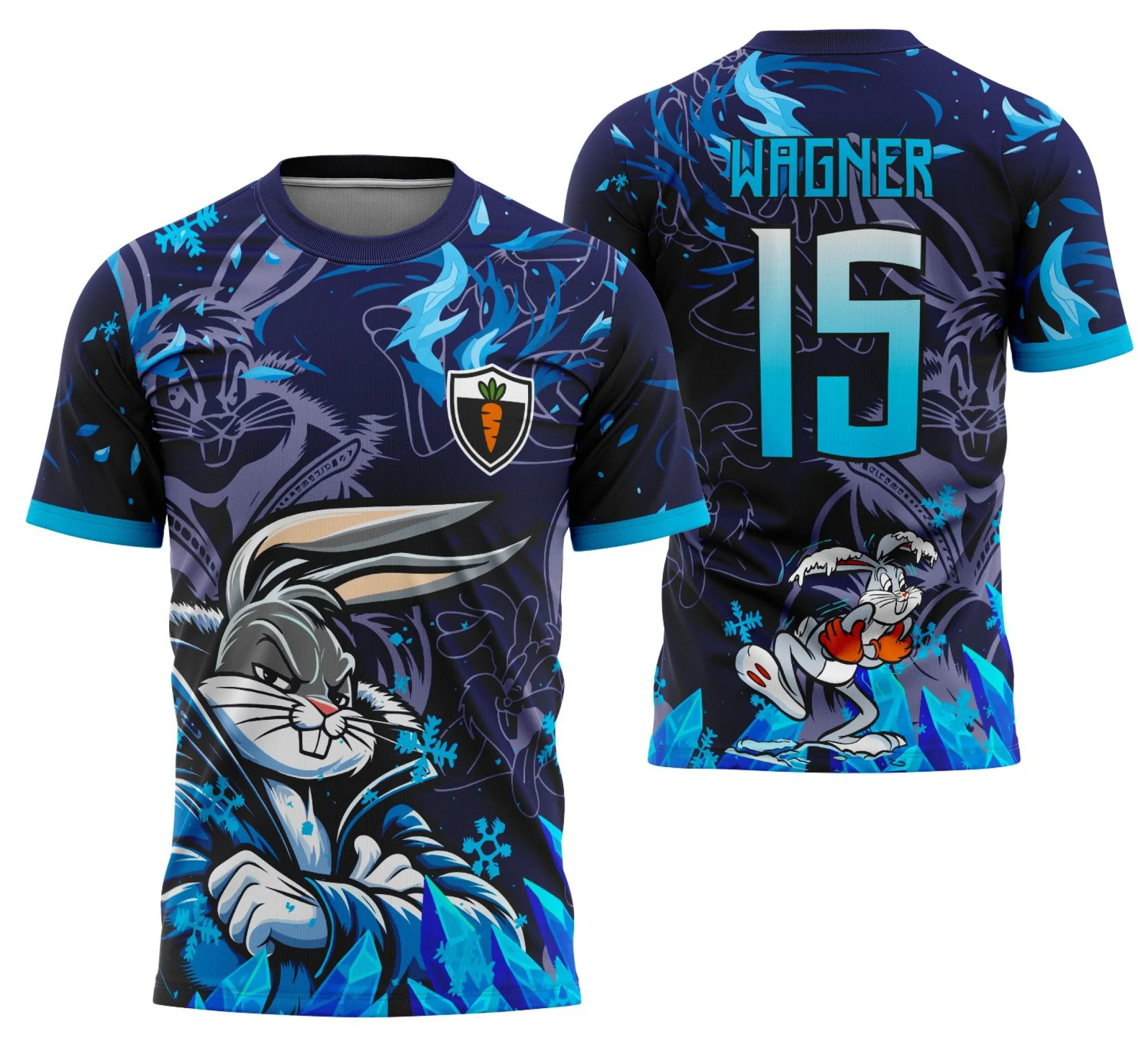 Camiseta unissex branca com logo no peito e estampa grande nas costas do Coelho Pernalonga em clima de frio, perfeita para fãs e ambiente casual.