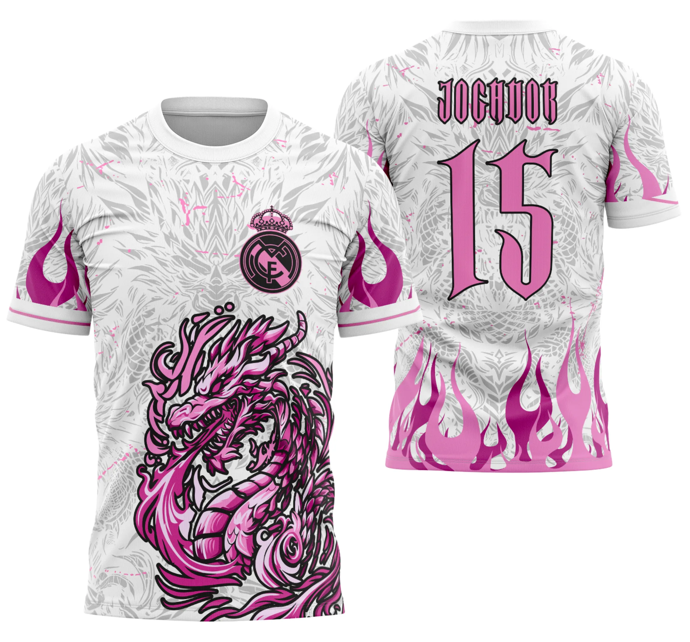 Camiseta unissex preta com logo no peito e estampa grande nas costas do tema Interclasse Dragão Rosa 2026.