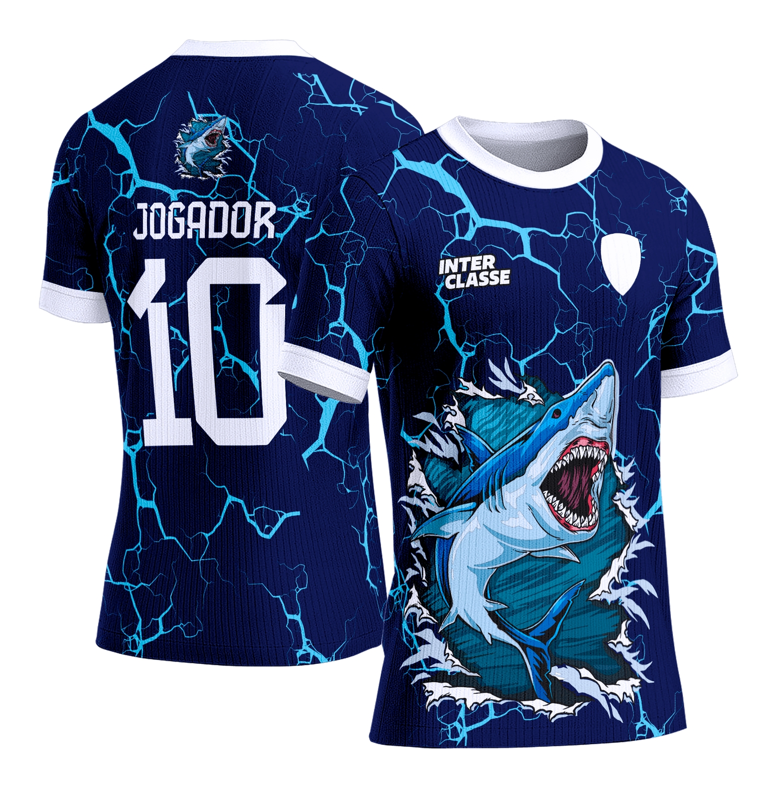 Camisa Interclasse Estampa Vetor Tubarão Fundo Azul