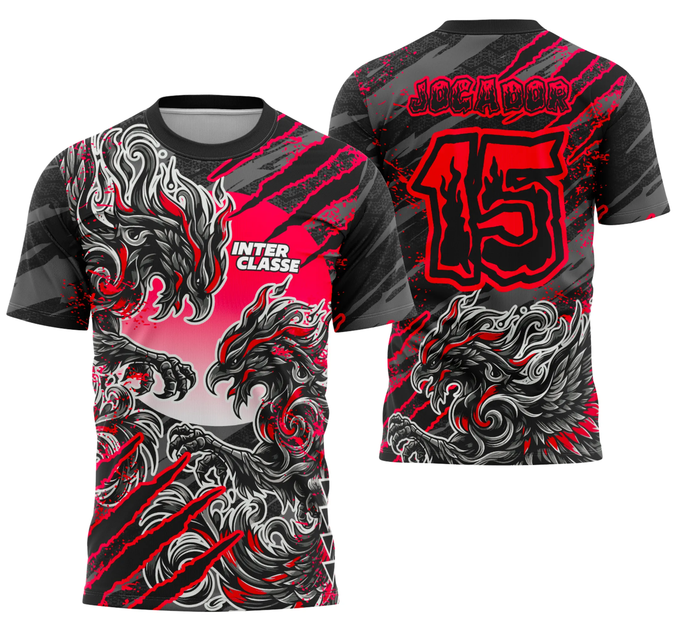 Camiseta unissex preta com logo no peito e estampa grande nas costas com tema Interclasse Fênix Dupla 2026 em design exclusivo, ideal para eventos e grupos escolares.