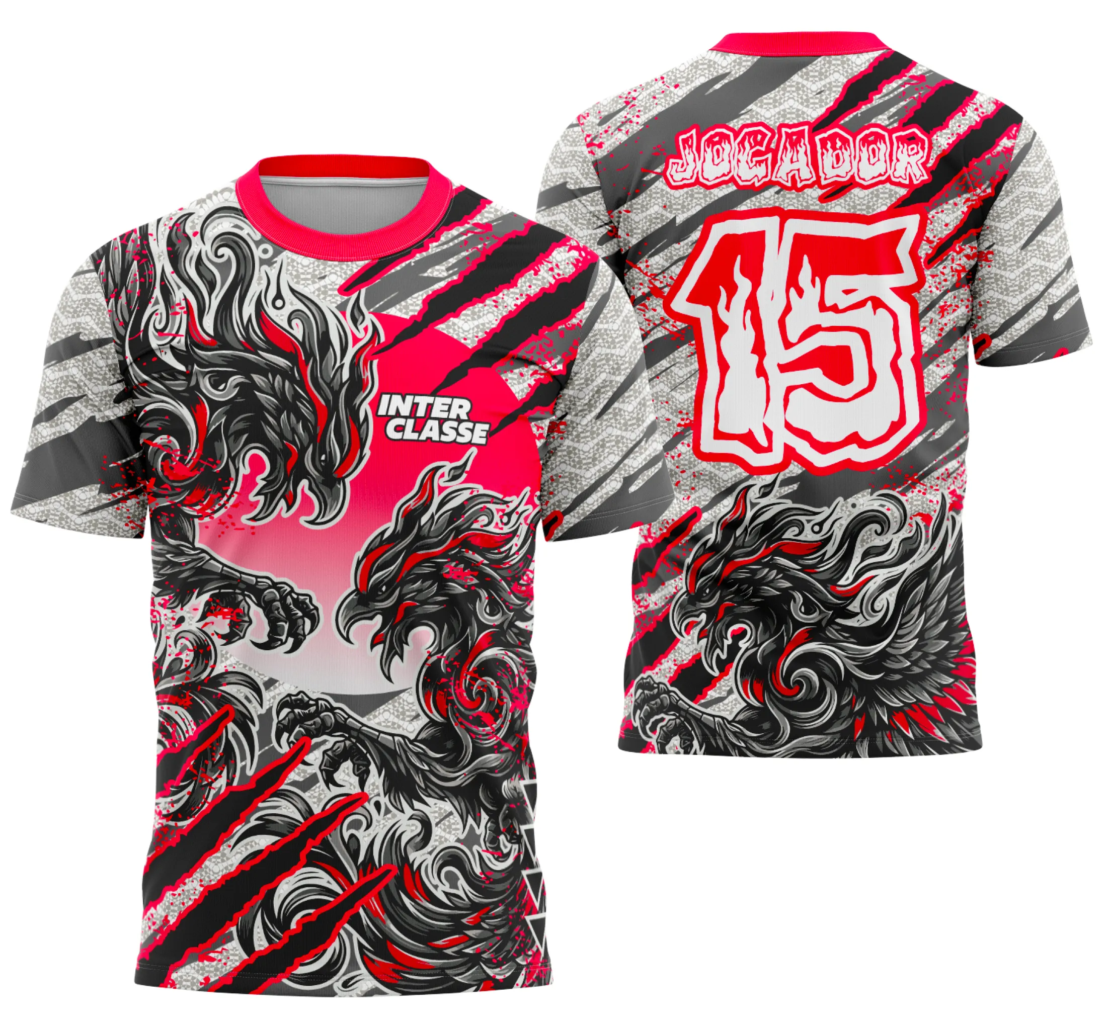 Camiseta unissex preta com logo no peito e estampa grande nas costas mostrando o tema Interclasse Fênix Dupla 2026, perfeita para uso em eventos escolares e esportivos.