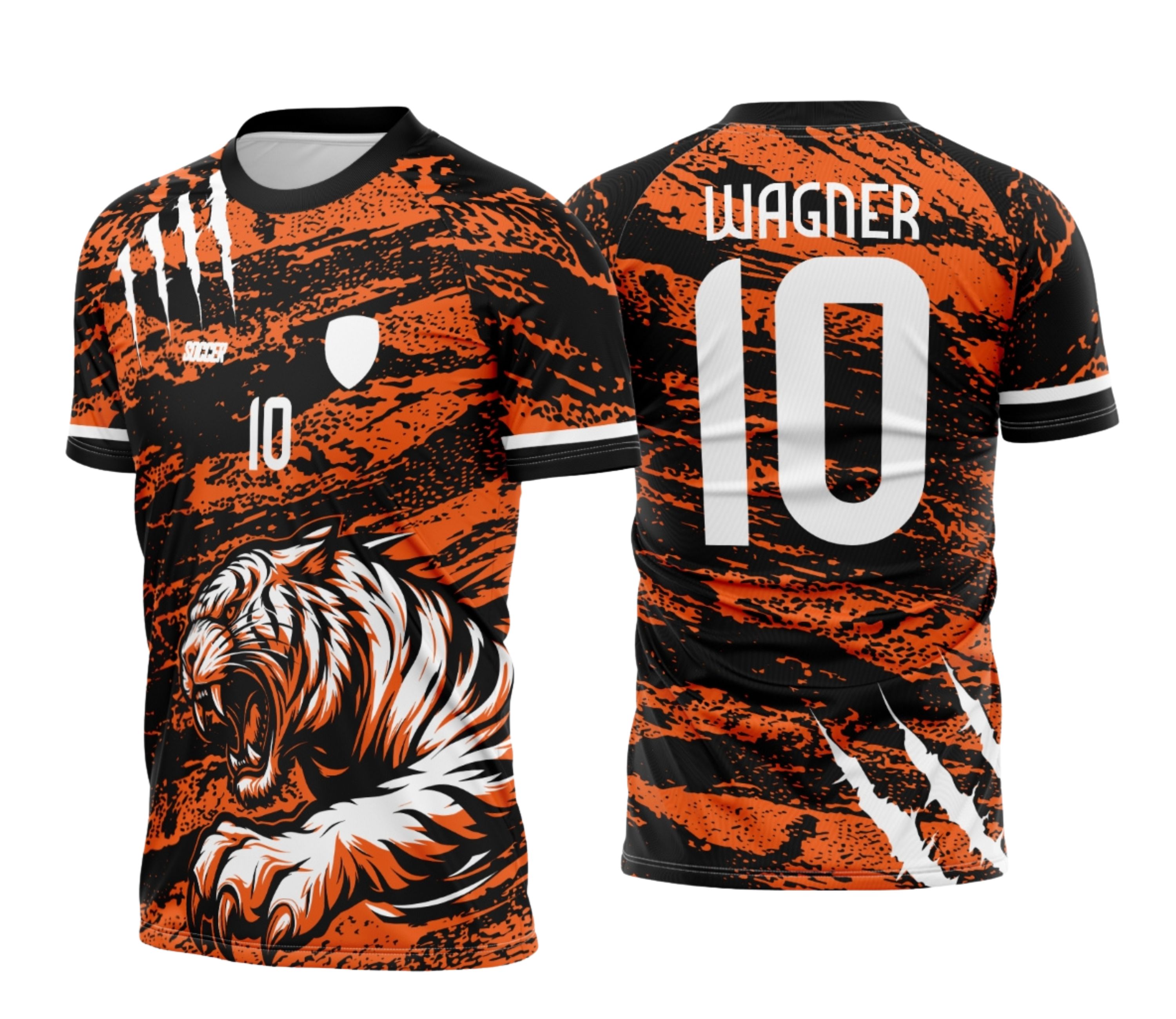 Camiseta unissex preta com logo no peito e estampa grande nas costas com tema Camisa Interclasse Tigre Jogos Internos 2025, design moderno e vibrante