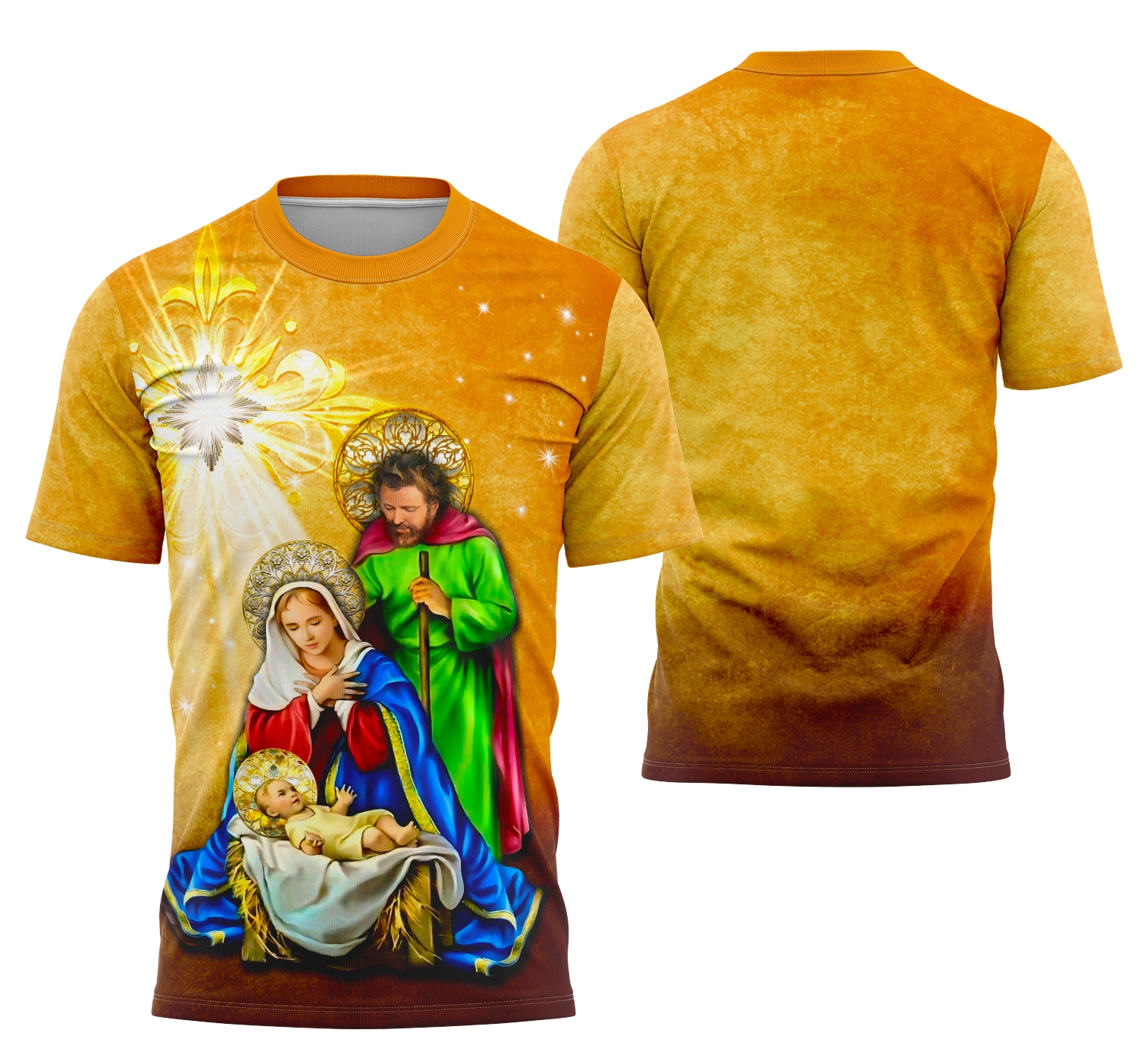 Camiseta unissex branca com logo no peito e estampa grande nas costas mostrando a Sagrada Família em tema natalino 2025, ideal para celebrações e festas de fim de ano.