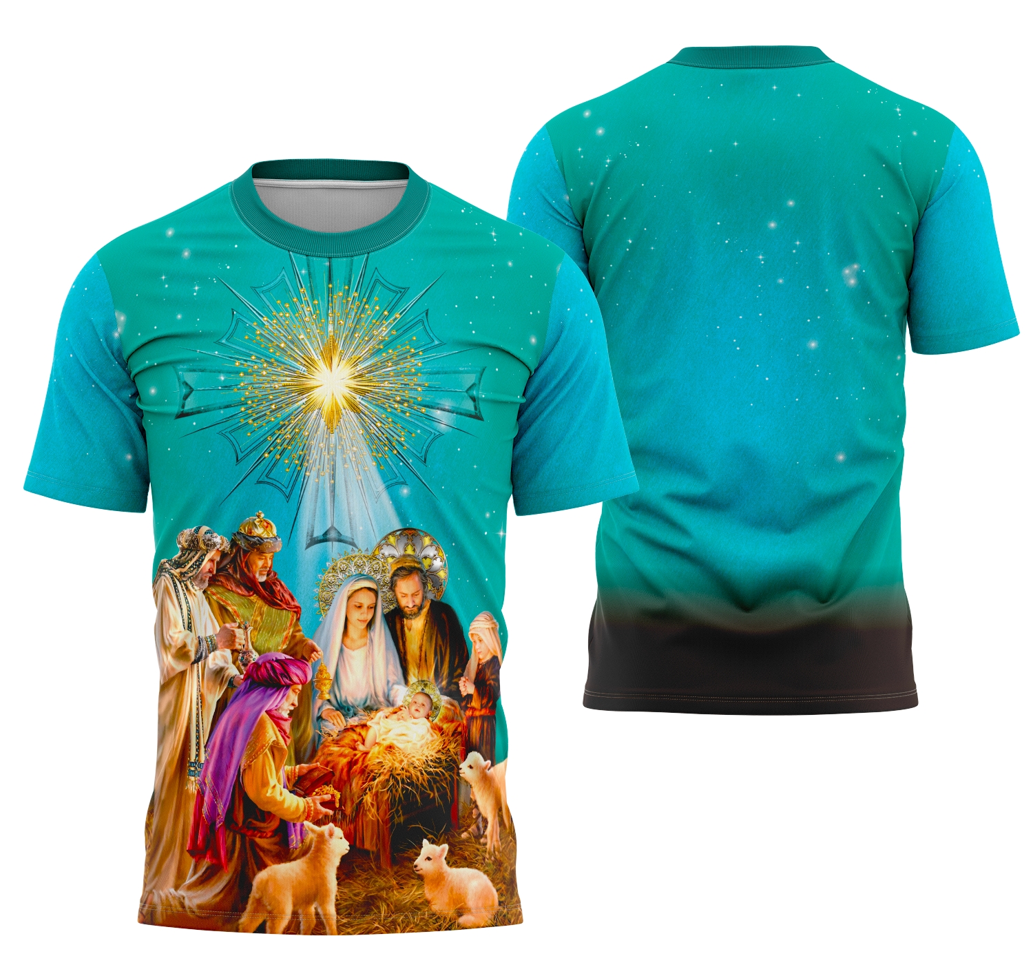 Camiseta unissex branca com logo no peito e estampa grande nas costas mostrando a Sagrada Família para o Natal 2025, design elegante e festivo ideal para celebrações.