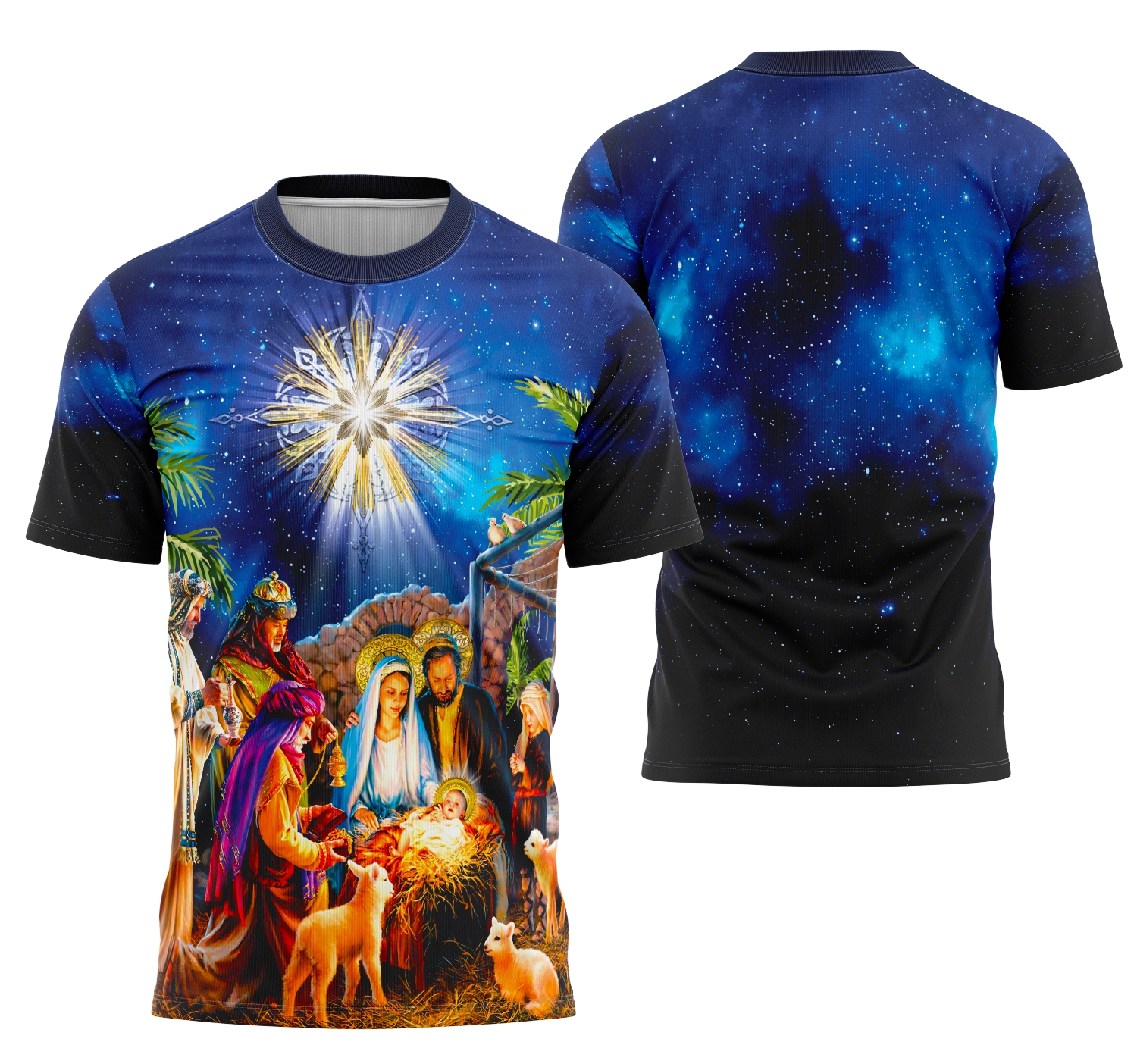 Camiseta unissex branca com logo no peito e estampa grande nas costas com temática Natal Sagrada Família 2025, perfeita para celebrar o espírito natalino com estilo e conforto.