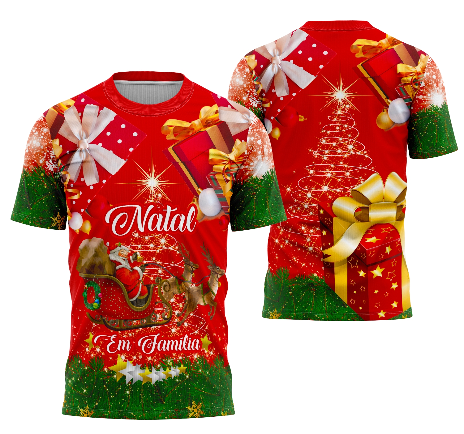 Camiseta unissex branca com logo no peito e estampa grande nas costas celebrando Natal em Família 2025, estilo moderno e confortável para ocasiões festivas.