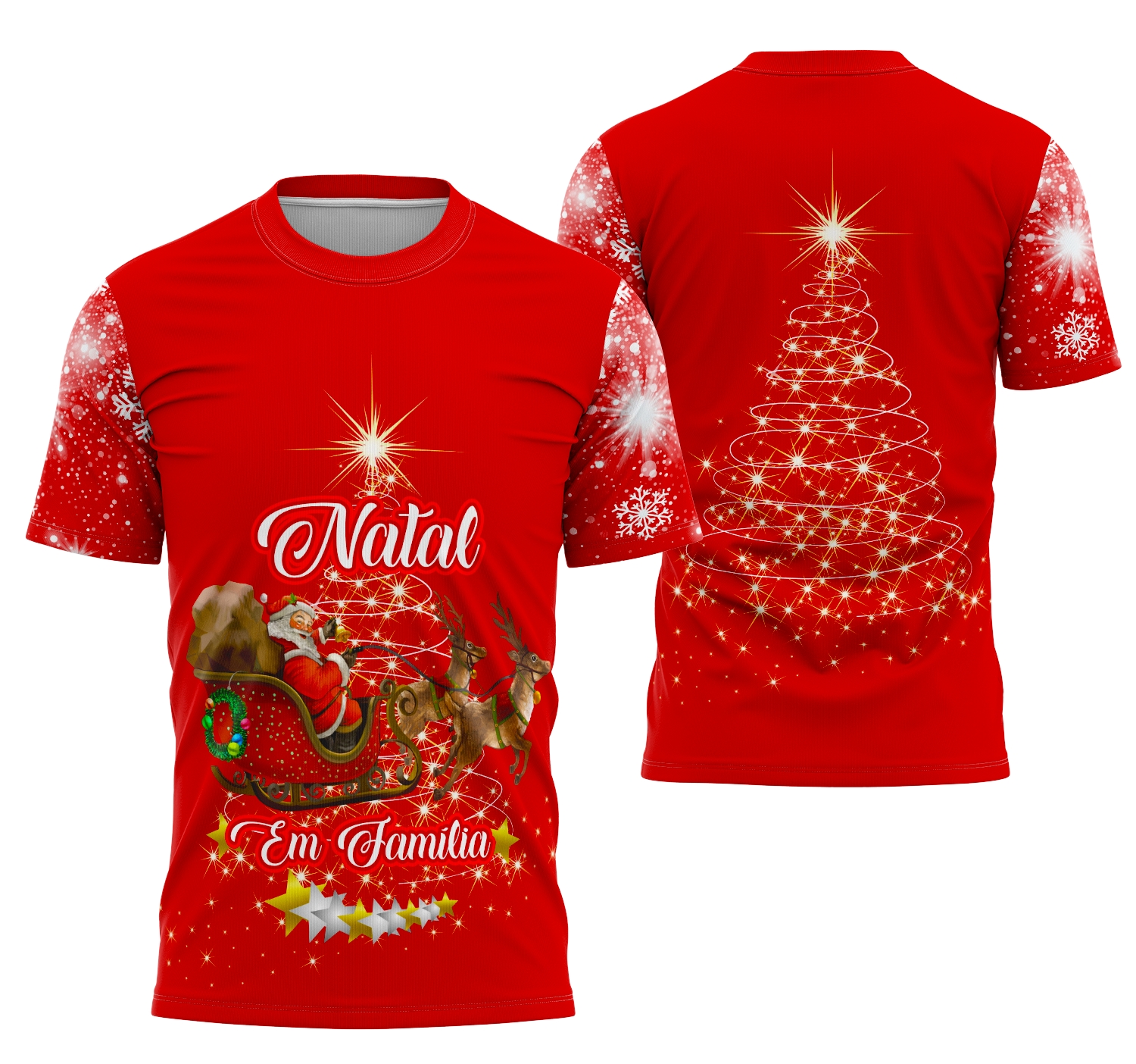Camiseta unissex branca com logo no peito e estampa grande nas costas Natal em Família 2025, perfeita para celebrar o Natal com estilo e união familiar.