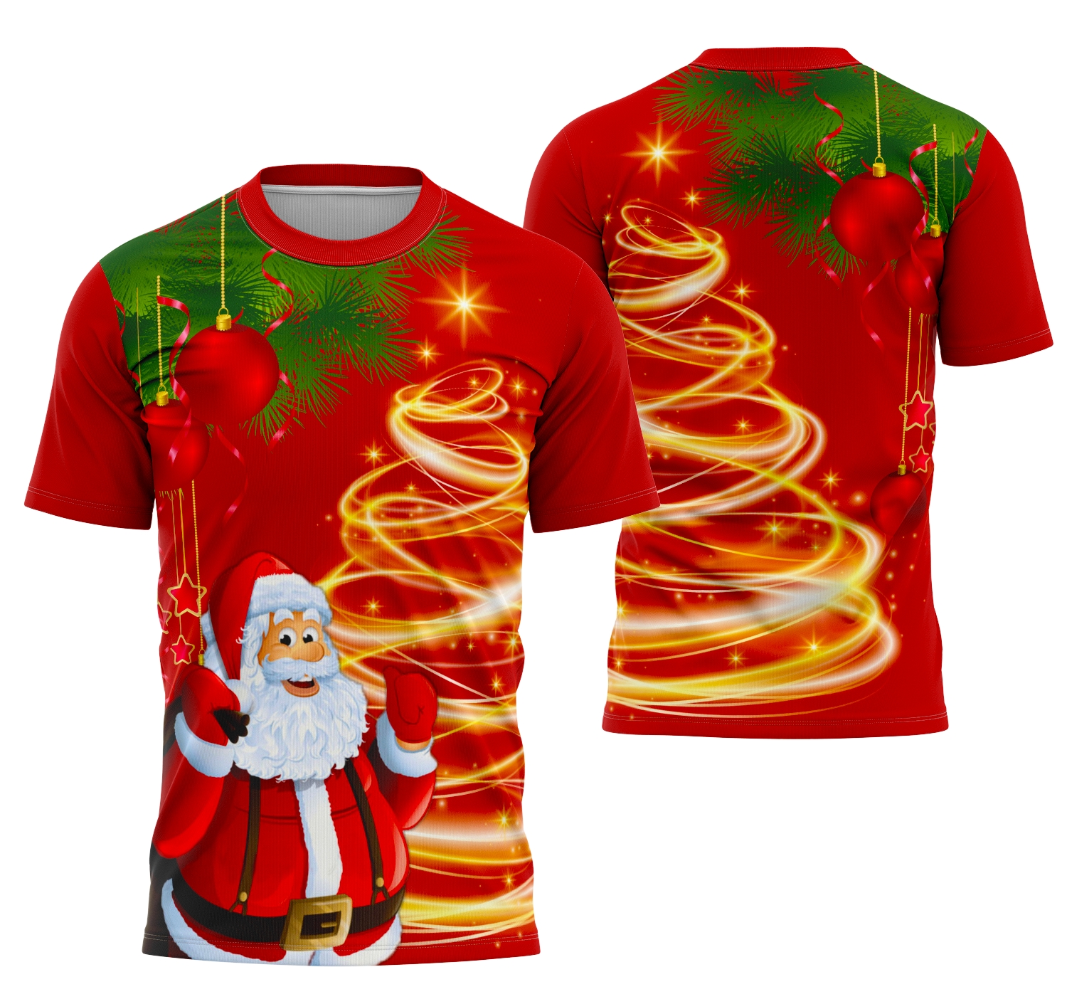 Camiseta unissex branca com logo no peito e estampa grande nas costas com tema Natalina Natal em Família 2025, design moderno e alegre para celebrações natalinas em família.