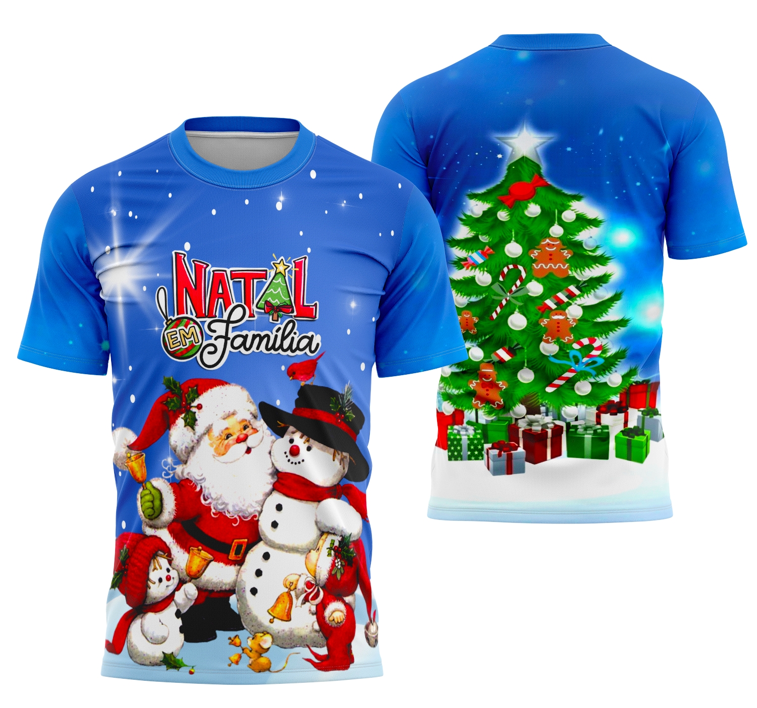 Camiseta unissex branca com logo no peito e estampa grande nas costas com tema Natal em Família 2025, perfeita para celebrar o Natal com estilo e conforto.