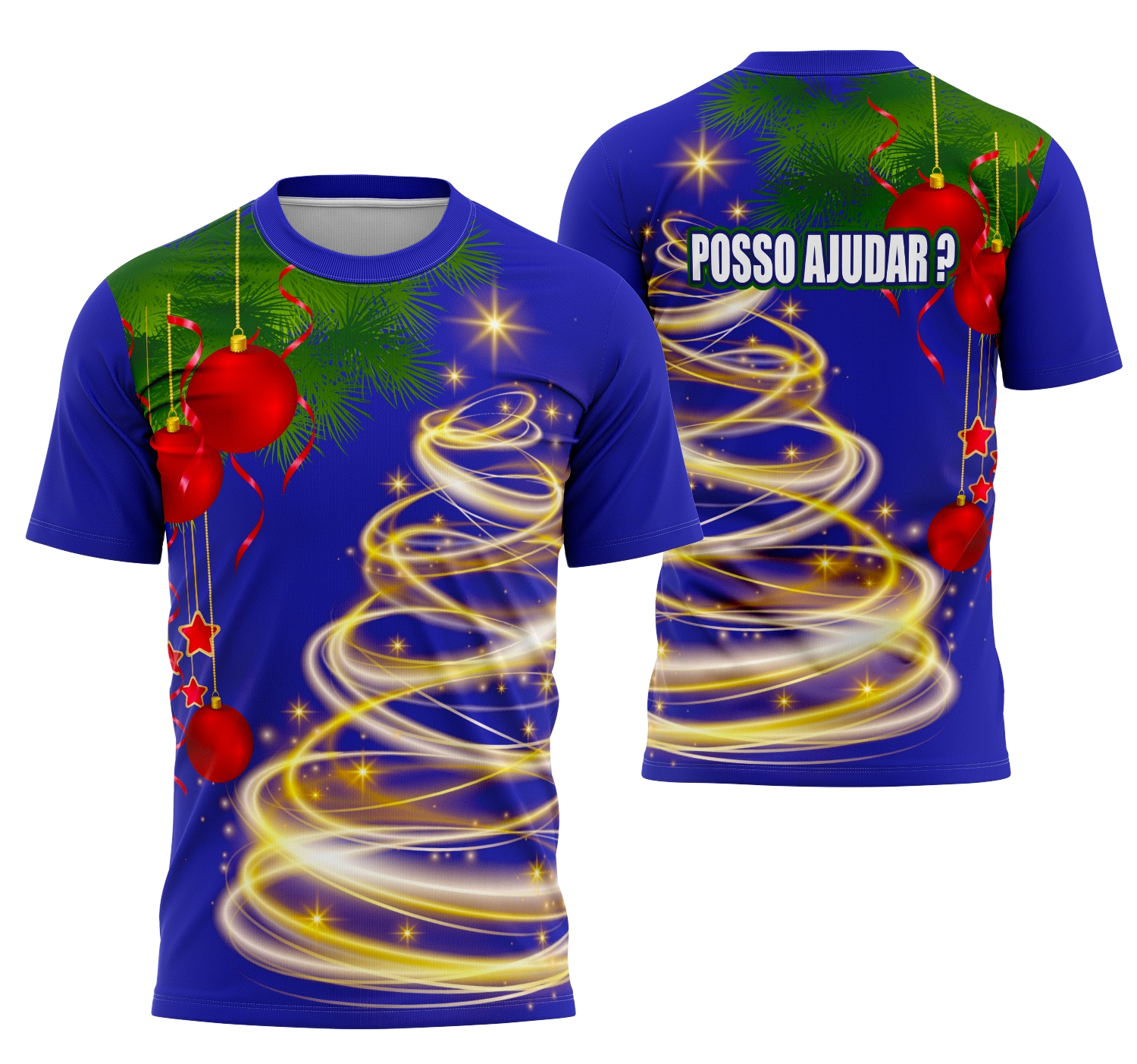 Camiseta unissex branca com logo no peito e estampa grande nas costas com tema Natal em Família 2025, ideal para festas natalinas, estilo alegre e festivo.