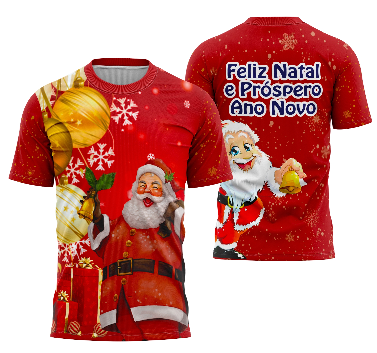 Foto de camiseta unissex branca com logo no peito e estampa grande nas costas destacando o tema Natalina Natal em Família 2025 Modelo 06, perfeita para ocasiões festivas.