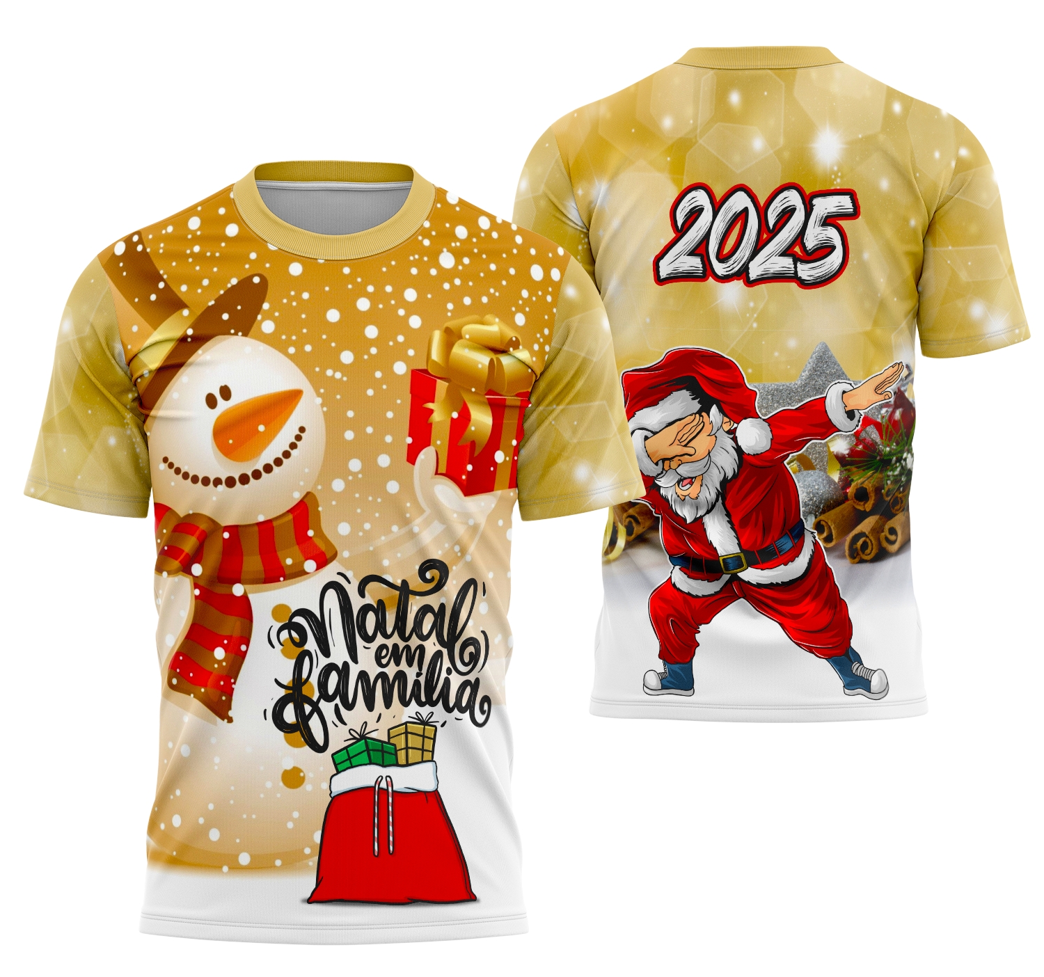Camiseta unissex branca com logo no peito e estampa grande nas costas, tema Natal em Família 2025 para celebrar com estilo e conforto as festas de fim de ano.