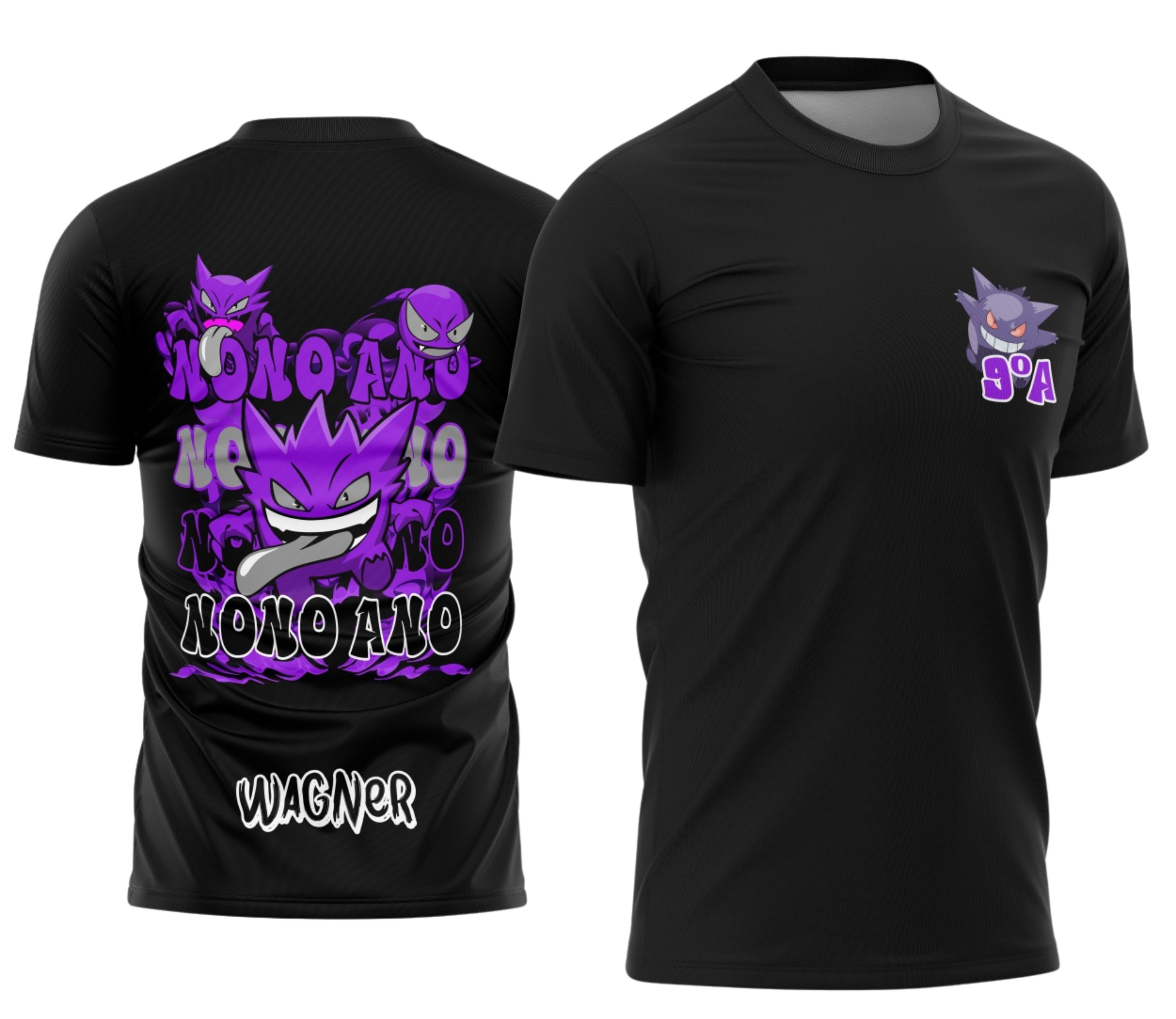 Camiseta unissex preta com logo no peito e estampa grande nas costas com tema Nono Ano Gengar 2026, ideal para eventos escolares e fãs do personagem.