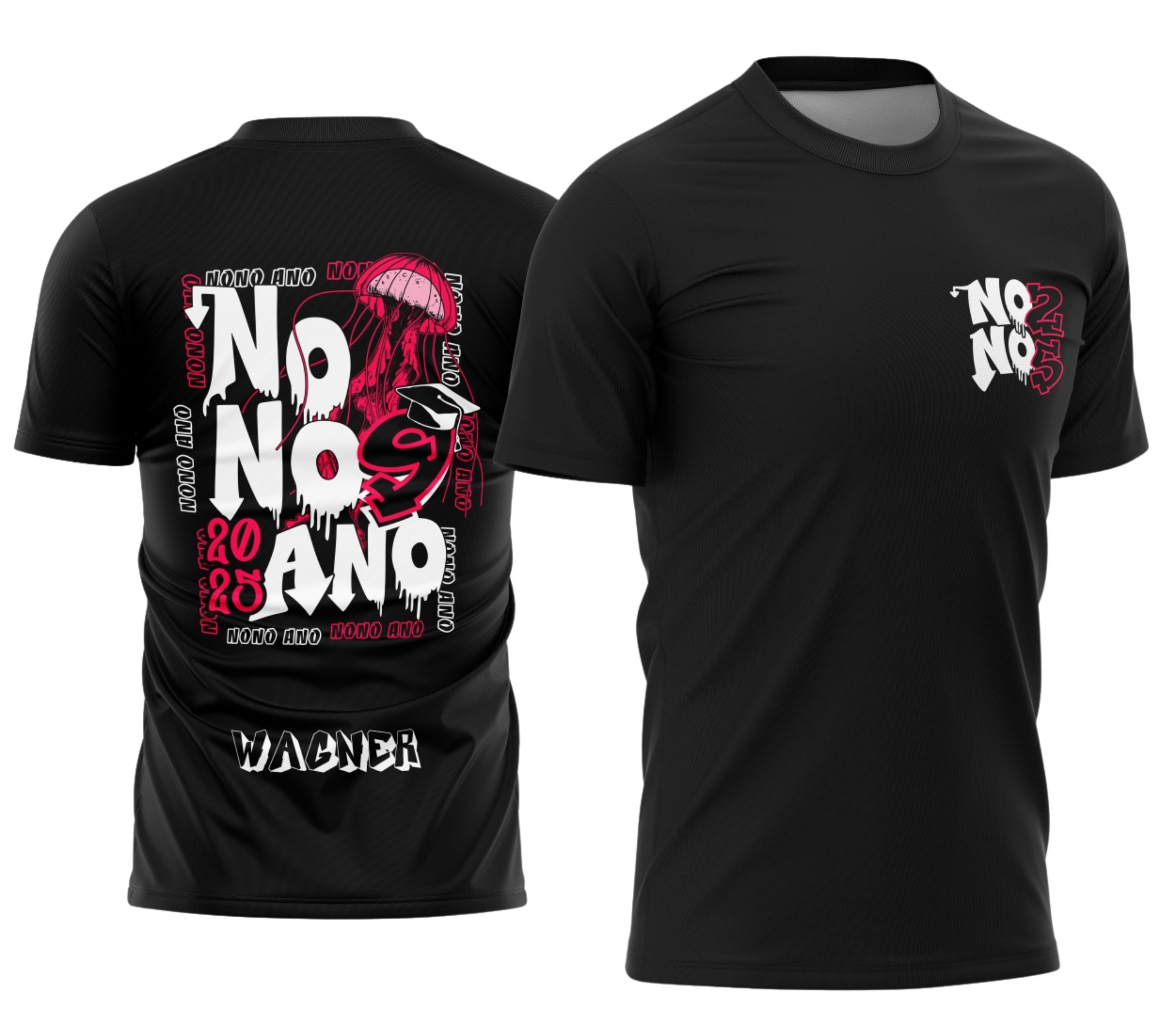 Camiseta unissex preta com logo no peito e estampa grande nas costas temática Nono Ano Água Viva, design vibrante e moderno ideal para alunos e fãs dessa turma.