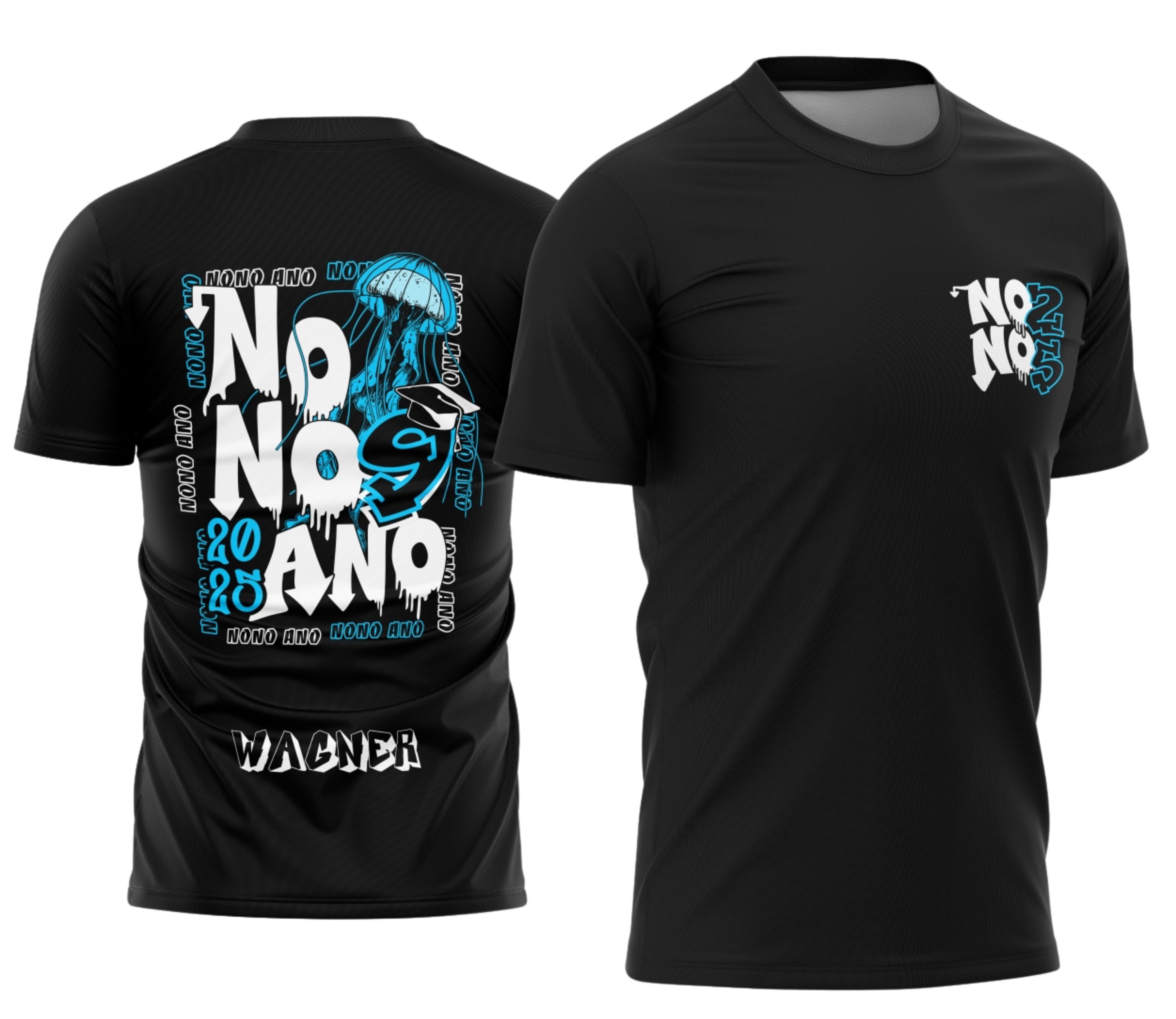 Camiseta unissex preta com logo no peito e estampa grande nas costas, temática Nono Ano Água Viva, ideal para quem busca estilo e identidade escolar marcante.