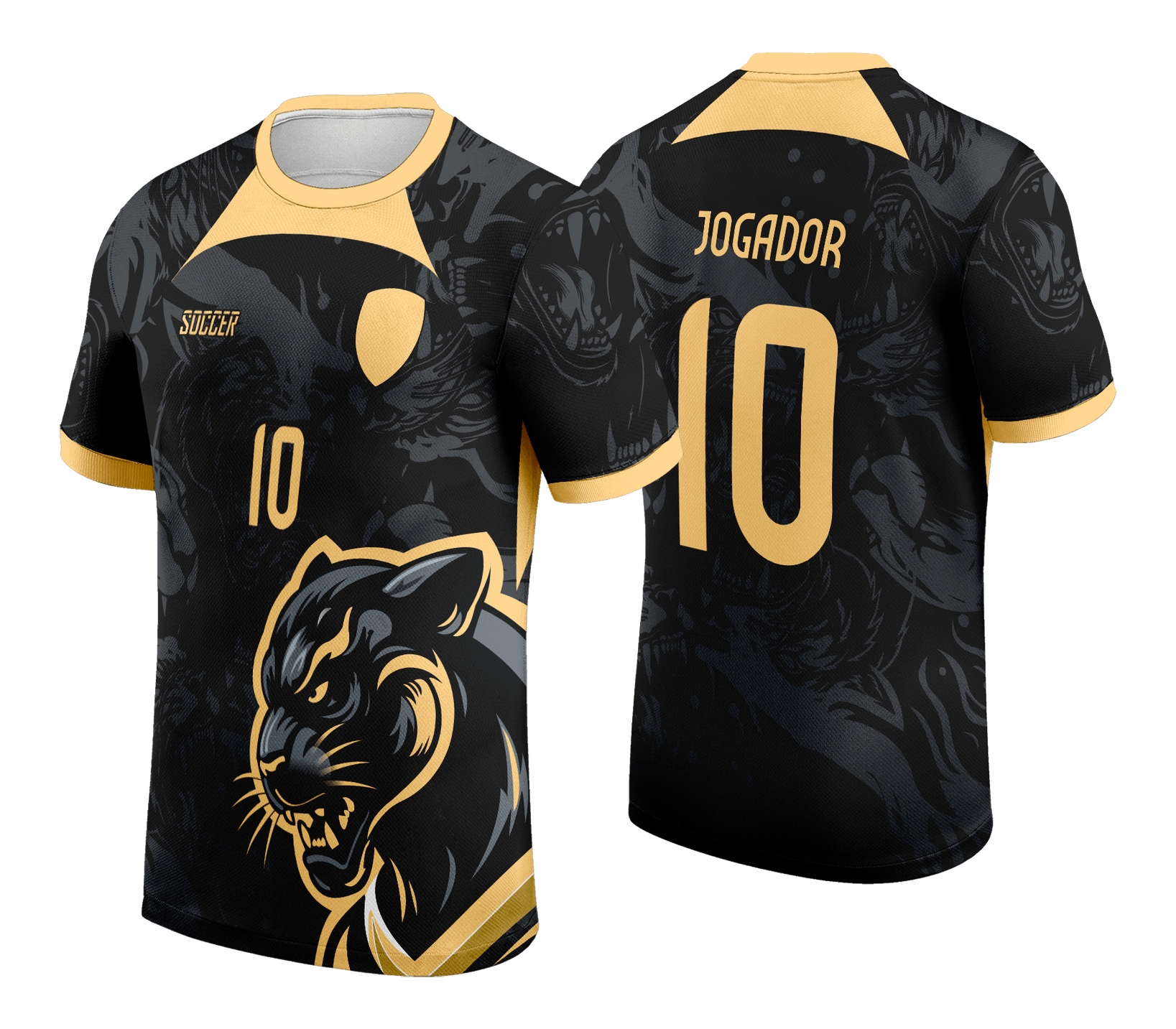 Camiseta unissex preta com logo no peito e estampa grande nas costas da Pantera Dourada Interclasse, ideal para eventos escolares e torcidas.