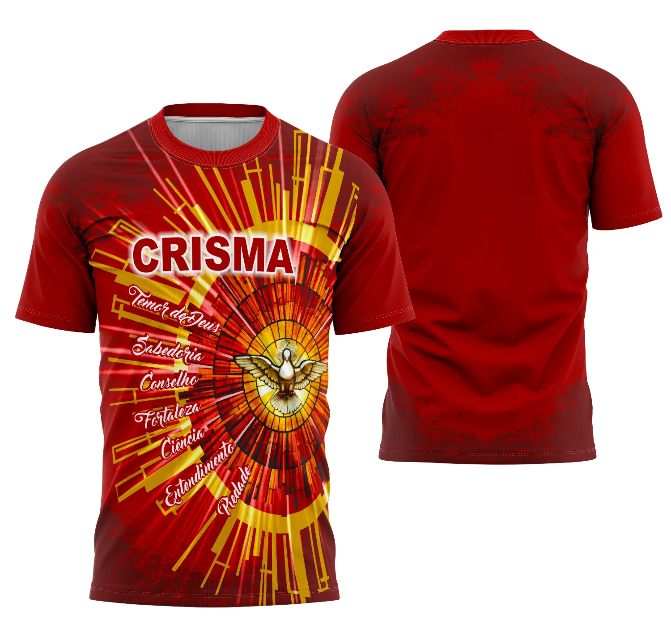 Camisa com logo no peito e estampa grande nas costas, destacando um design especial para a crisma de 2026, perfeito para eventos religiosos e celebrações pessoais.