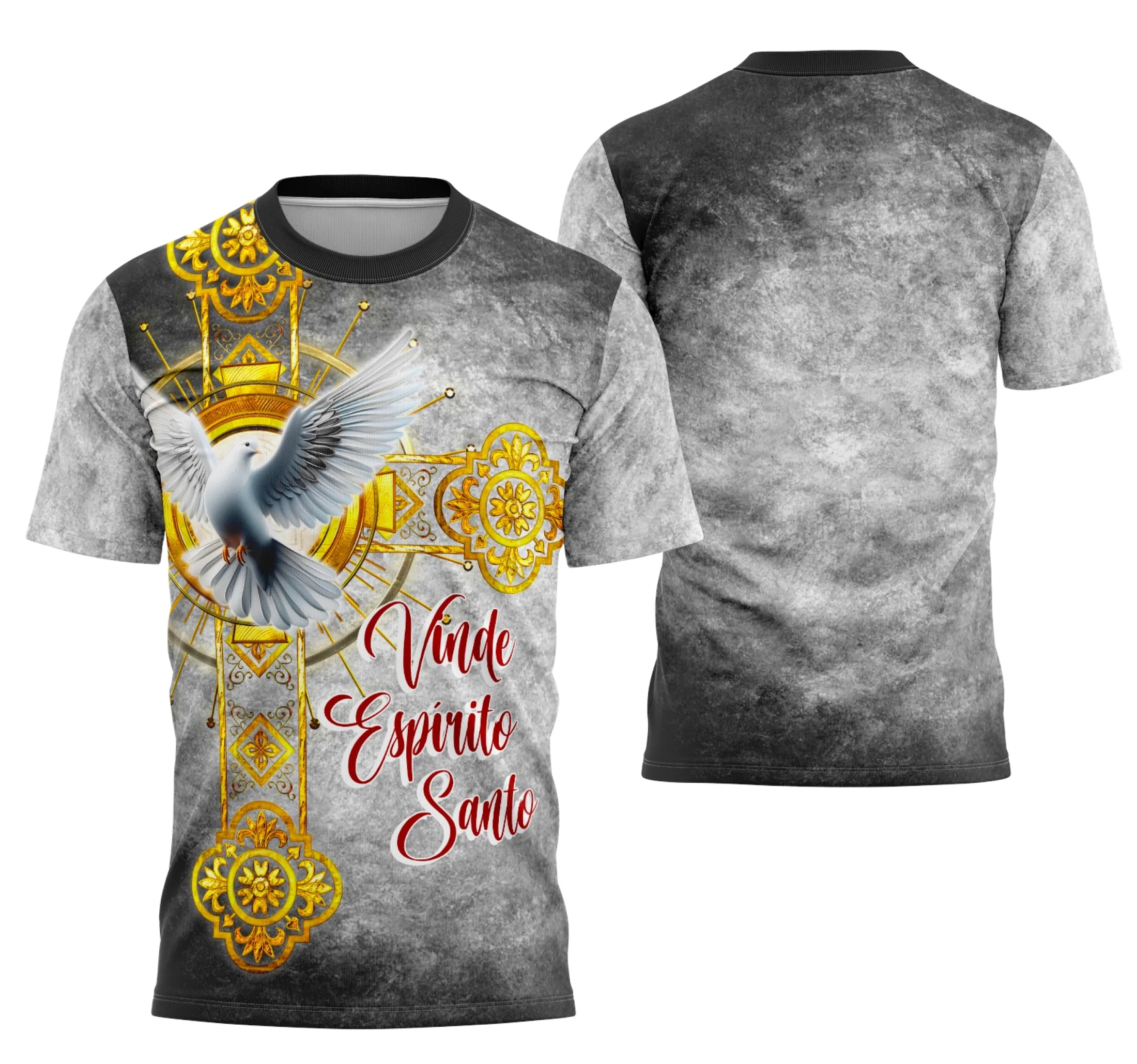 Camiseta unissex preta com logo no peito e estampa grande nas costas destacando o tema Crisma 2026 Exclusiva, ideal para ocasiões religiosas e celebrações especiais.