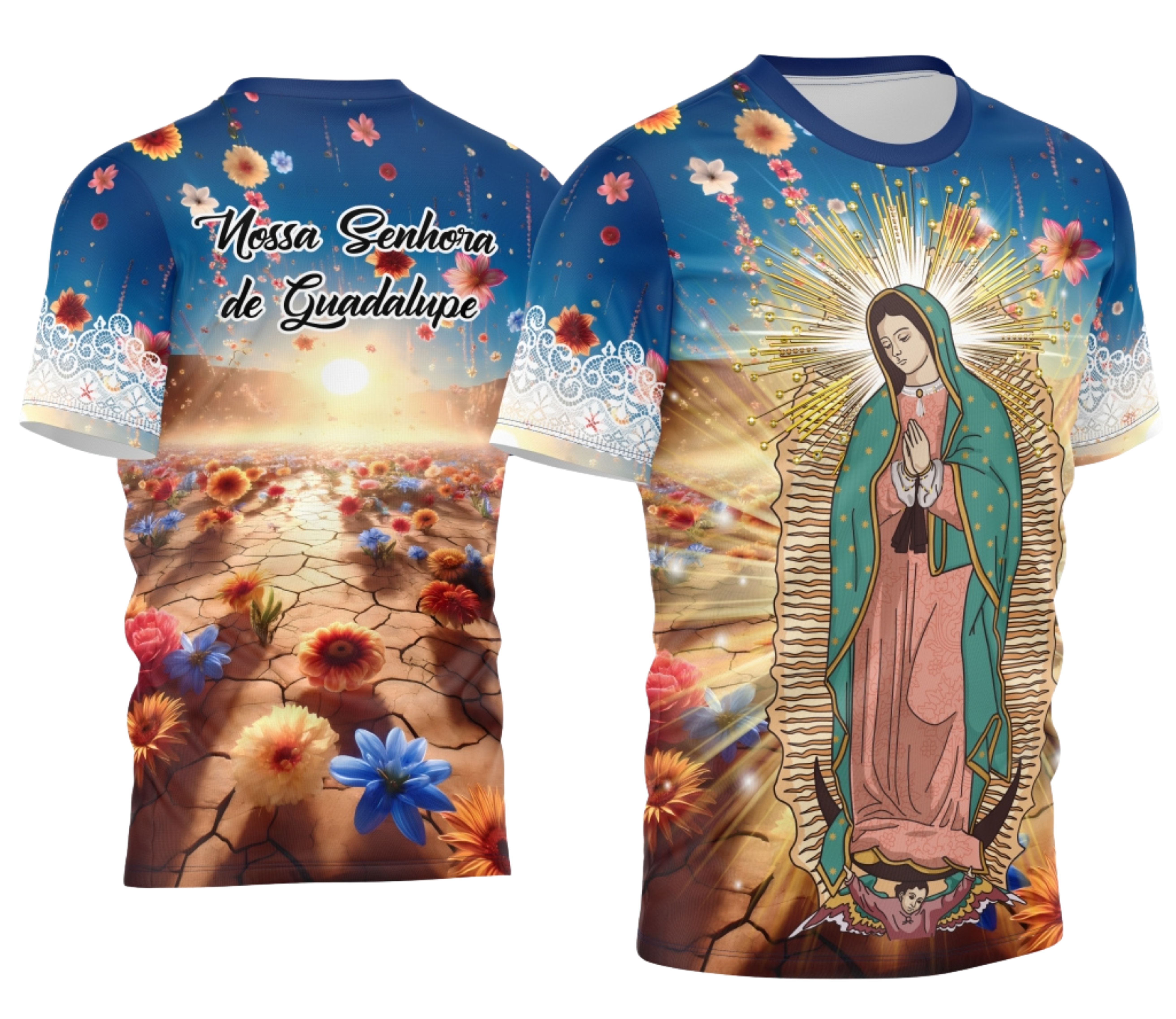 Camiseta unissex preta com logo no peito e estampa grande nas costas de Nossa Senhora de Guadalupe, design exclusivo e marcante para quem valoriza fé e estilo.