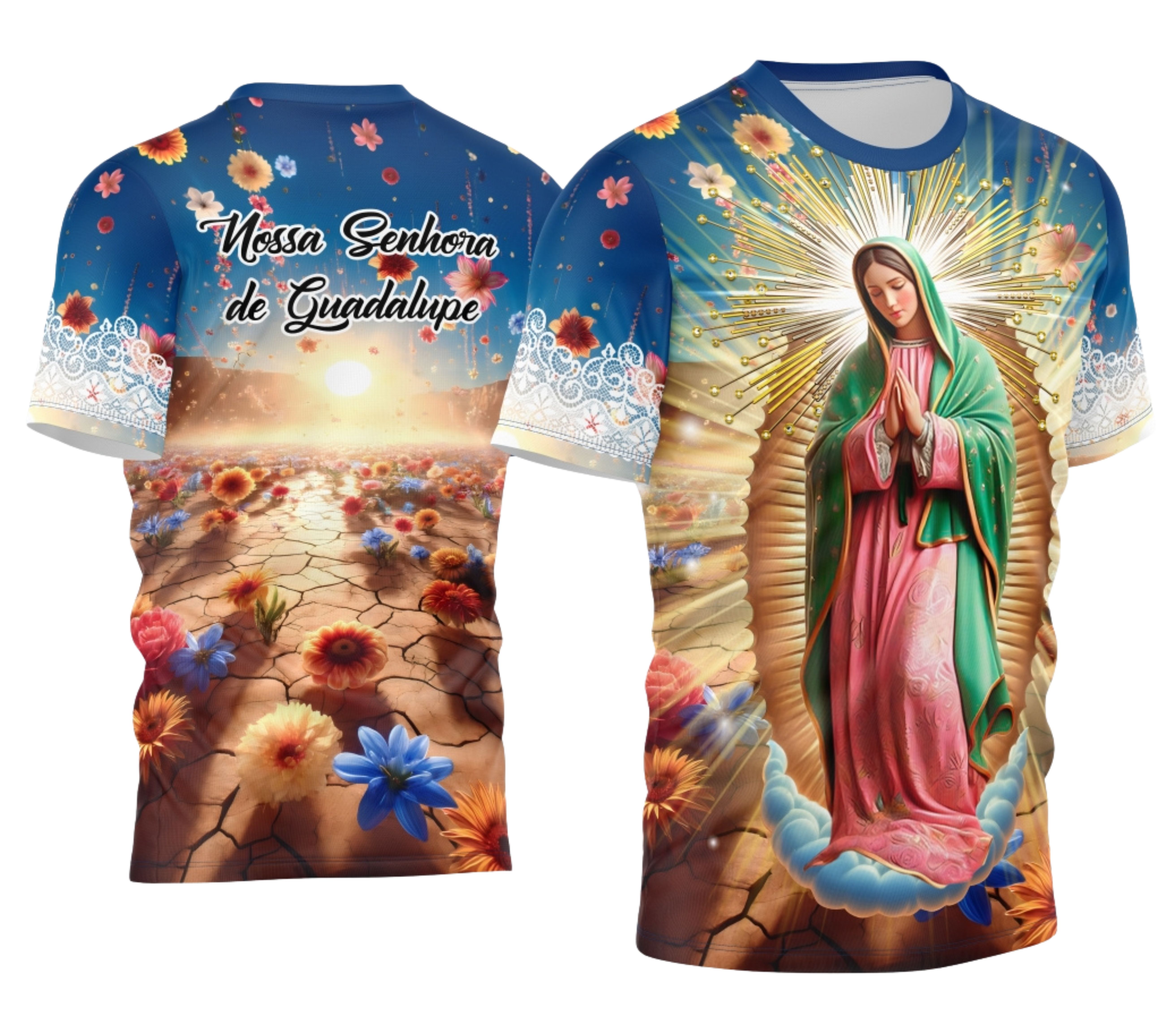 Camisa com logo no peito e estampa grande nas costas que celebra a imagem de Nossa Senhora de Guadalupe em estilo devocional vibrante.