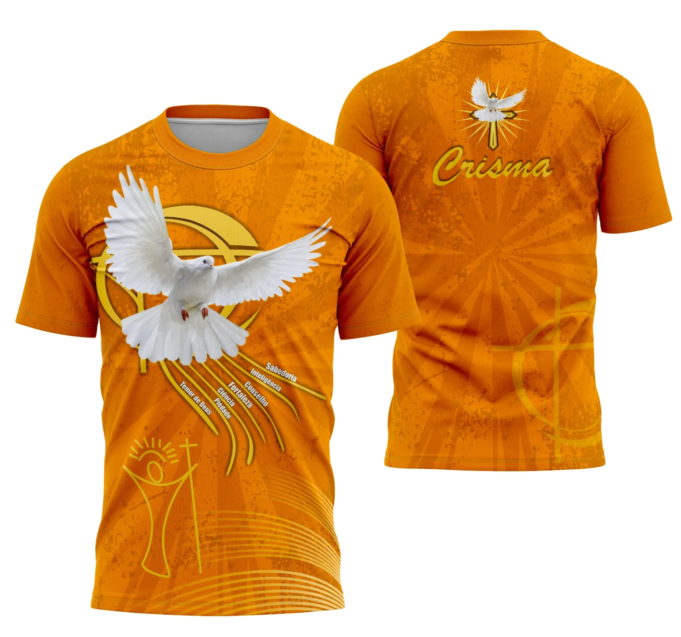 Camisa com logo no peito representando a Crisma e estampa grande nas costas com design religioso detalhado e elegante, perfeita para ocasiões especiais de fé e celebração.