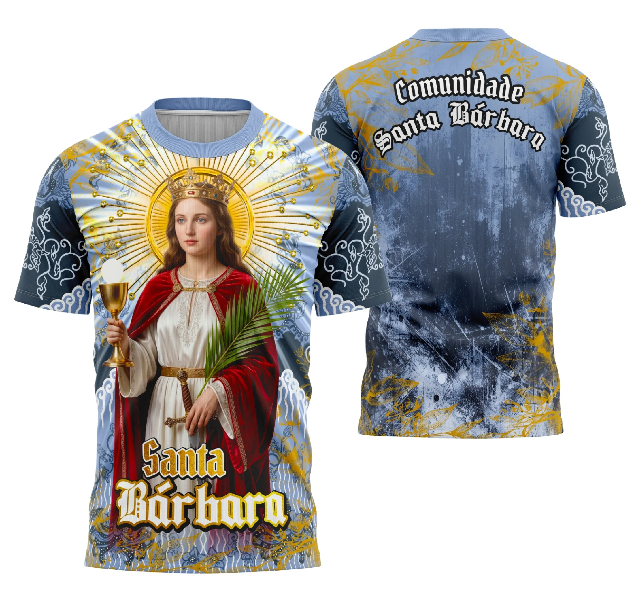 Camiseta unissex preta com logo no peito e estampa grande nas costas com tema Santa Bárbara Católica Religião, ideal para quem busca fé e estilo.