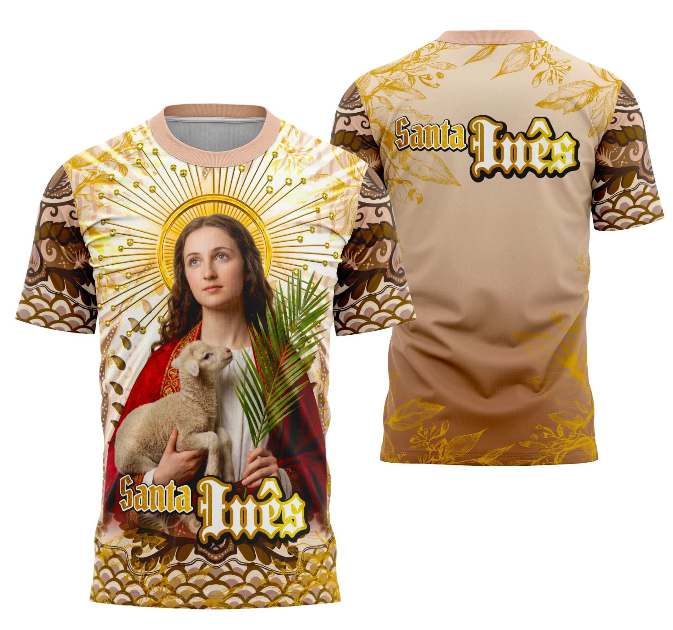 Camisa com logo no peito apresentando a figura de Santa Inês de Roma, com estampa grande nas costas destacando elementos religiosos e um design marcante, ideal para quem valoriza a fé e a tradição.