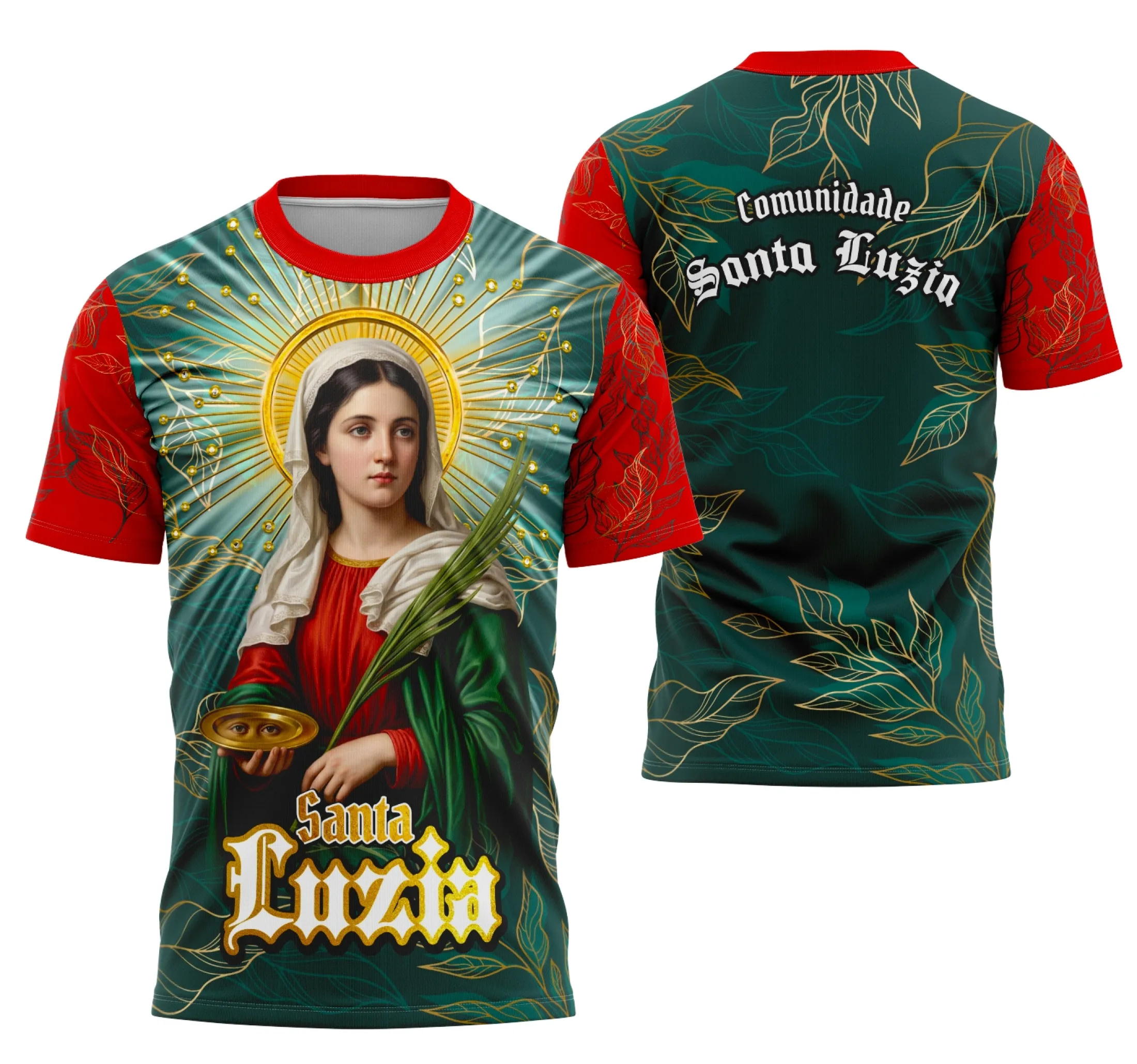 Camisa branca com logo no peito representando Santa Luzia e estampa grande nas costas com detalhes religiosos em estilo clássico e marcante.